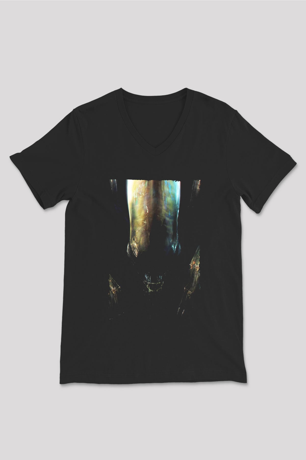Unisex Yaratık (Alien) Baskılı Siyah V Yaka Tshirt