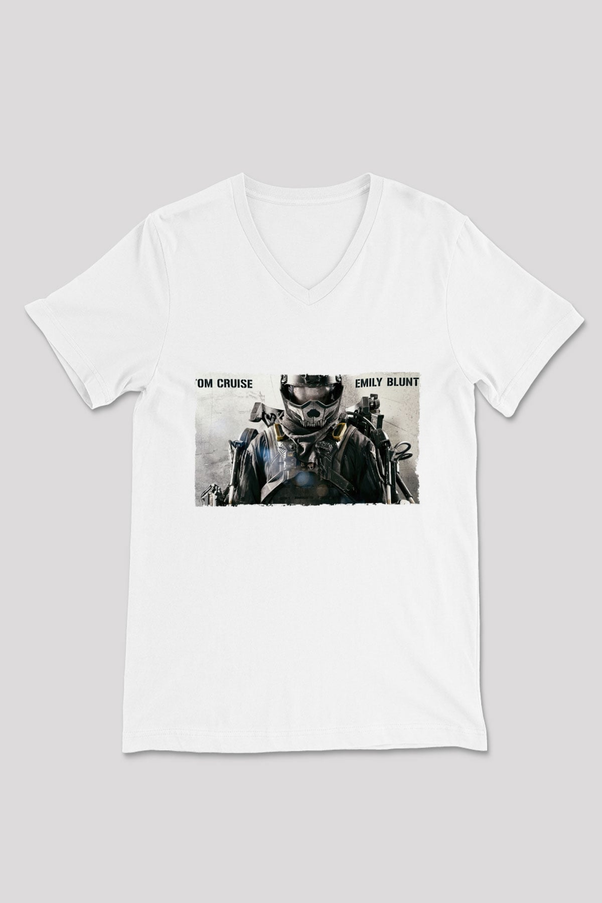 Unisex Yarının Sınırında (Edge of Tomorrow) Baskılı Beyaz V Yaka Tshirt