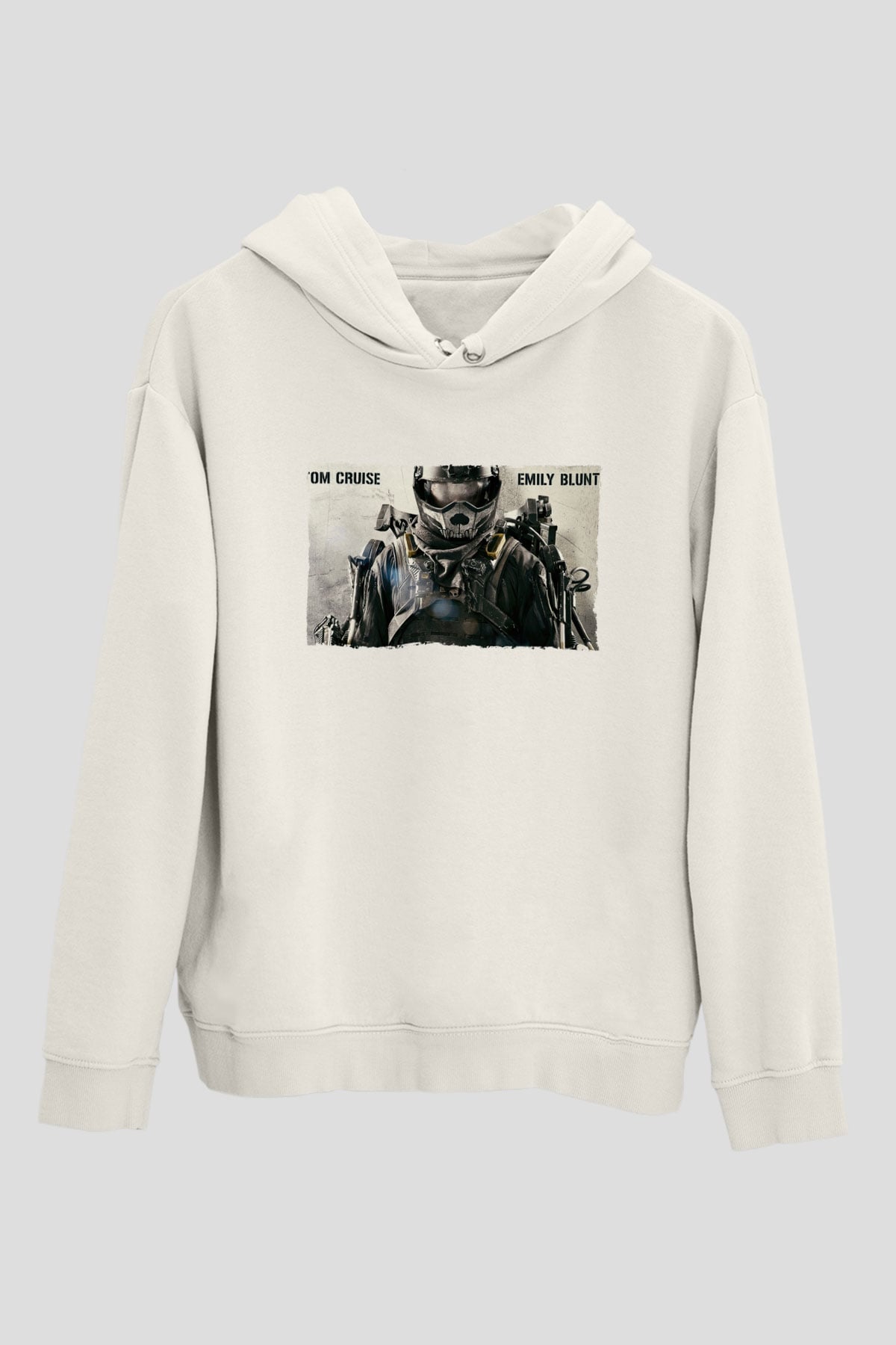 Unisex Yarının Sınırında (Edge of Tomorrow) Baskılı Beyaz Kapüşonlu Sweatshirt