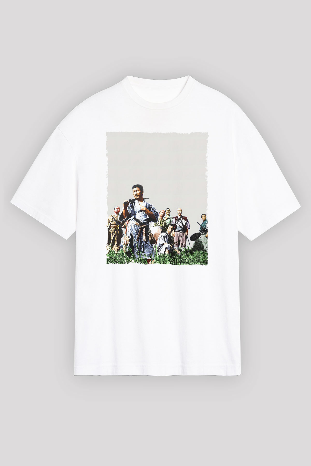 Unisex Yedi Samuray (Seven Samurai) Baskılı Beyaz Oversize Tişört