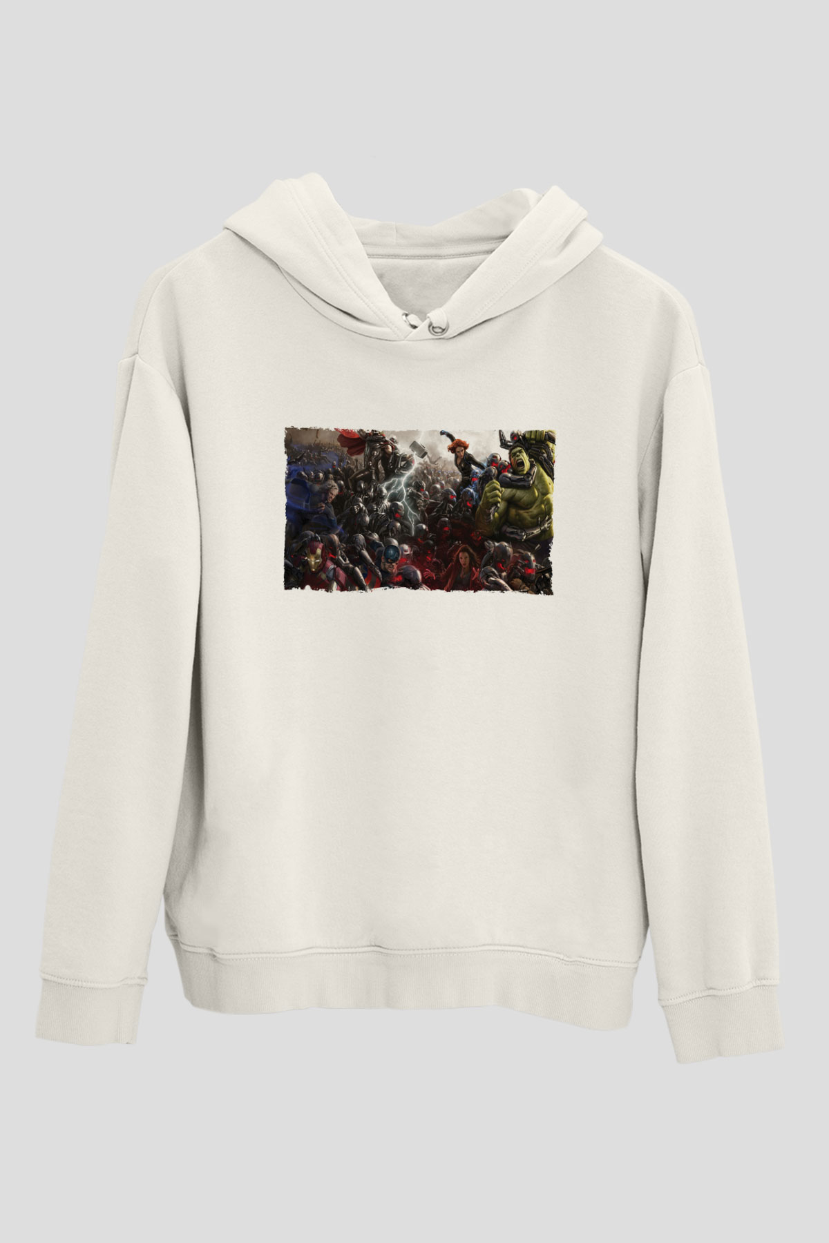 Unisex Yenilmezler 2 Avengers Age of Ultron Baskılı Beyaz Kapüşonlu Sweatshirt