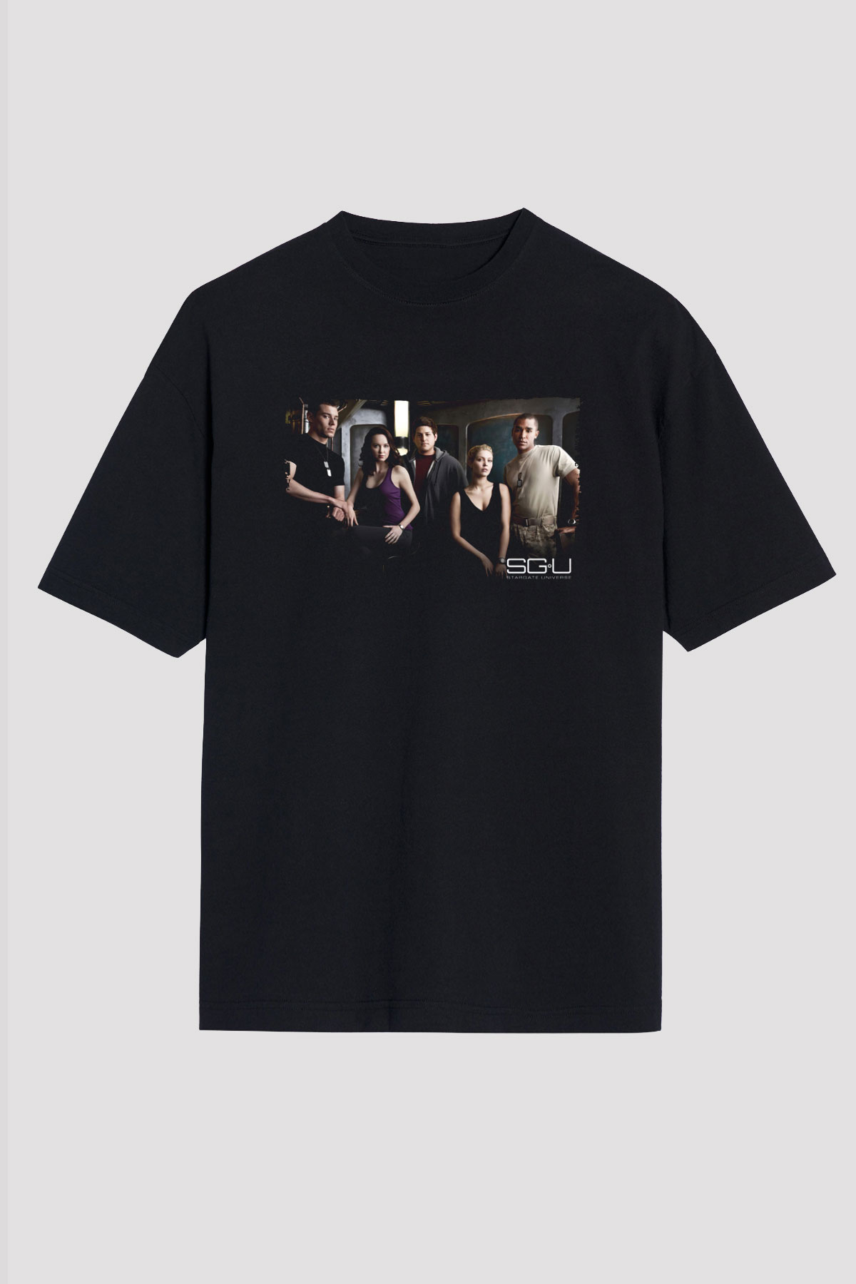 Unisex Yıldız Geçidi Evren (Stargate Universe) Baskılı Siyah Oversize Tişört