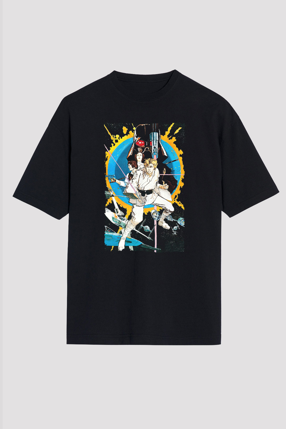 Unisex Yıldız Savaşları (Star Wars) Baskılı Siyah Oversize T-shirt