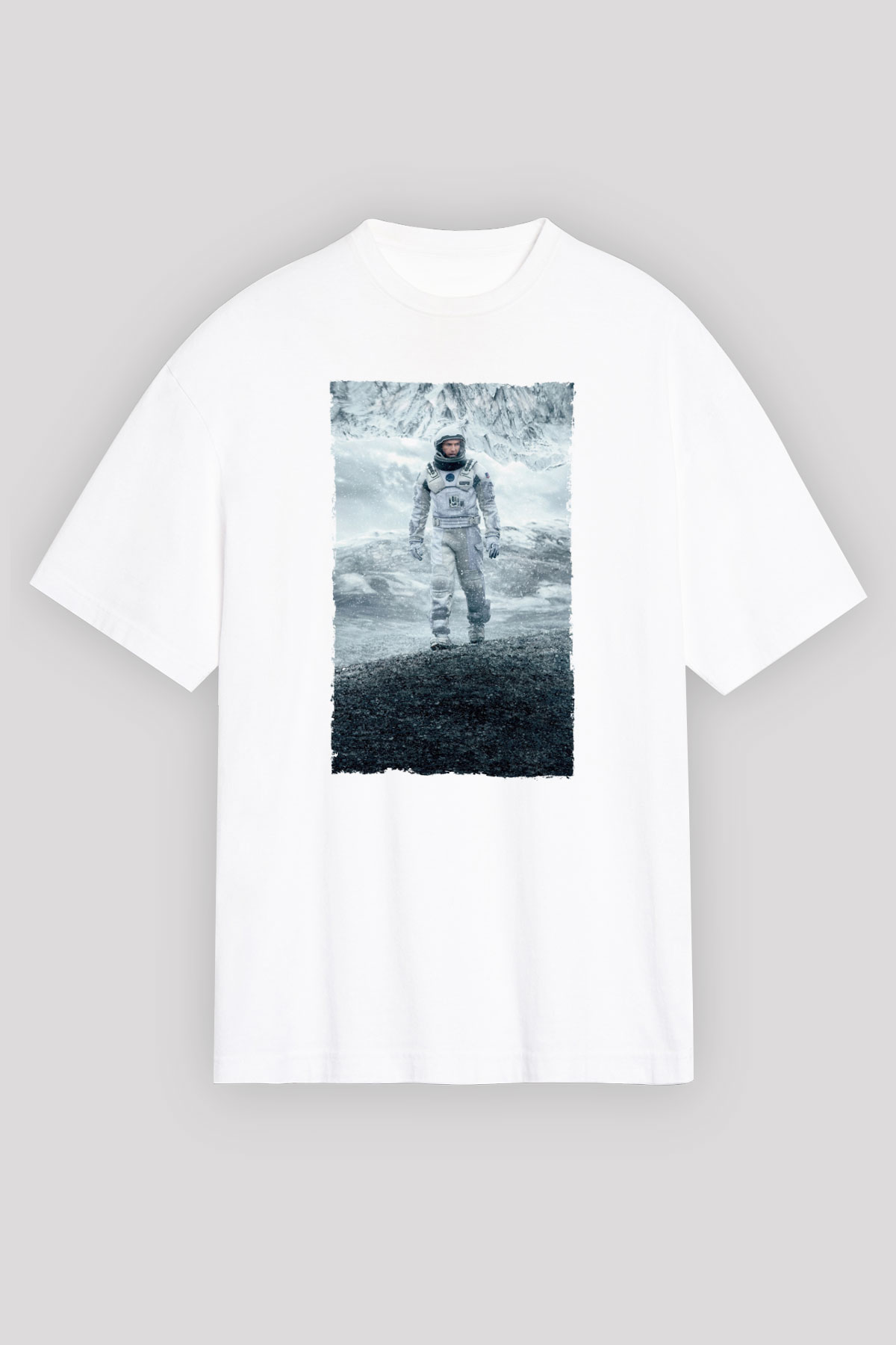 Unisex Yıldızlararası (Interstellar) Baskılı Beyaz Oversize Tişört