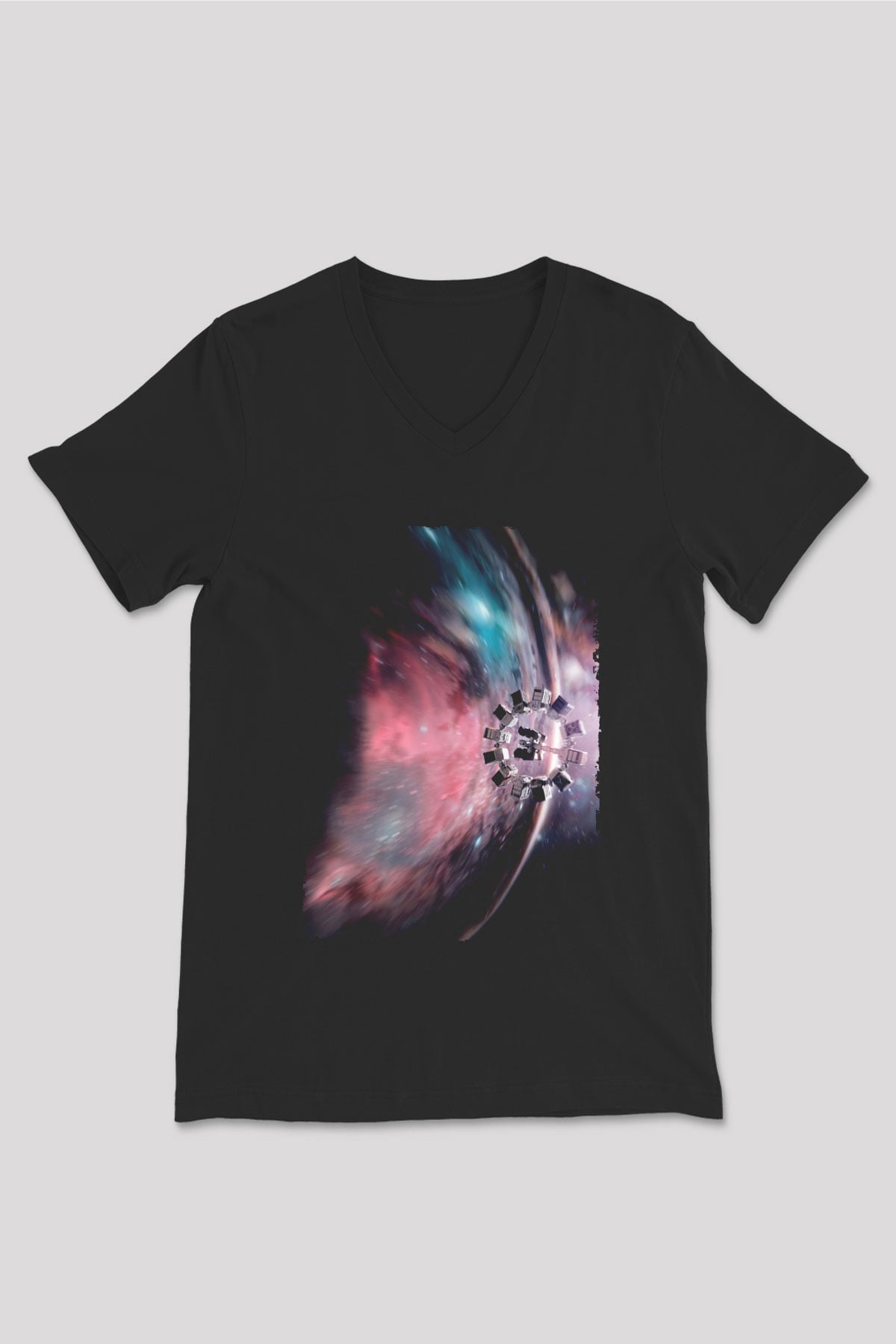 Unisex Yıldızlararası (Interstellar) Baskılı Siyah V Yaka T-shirt