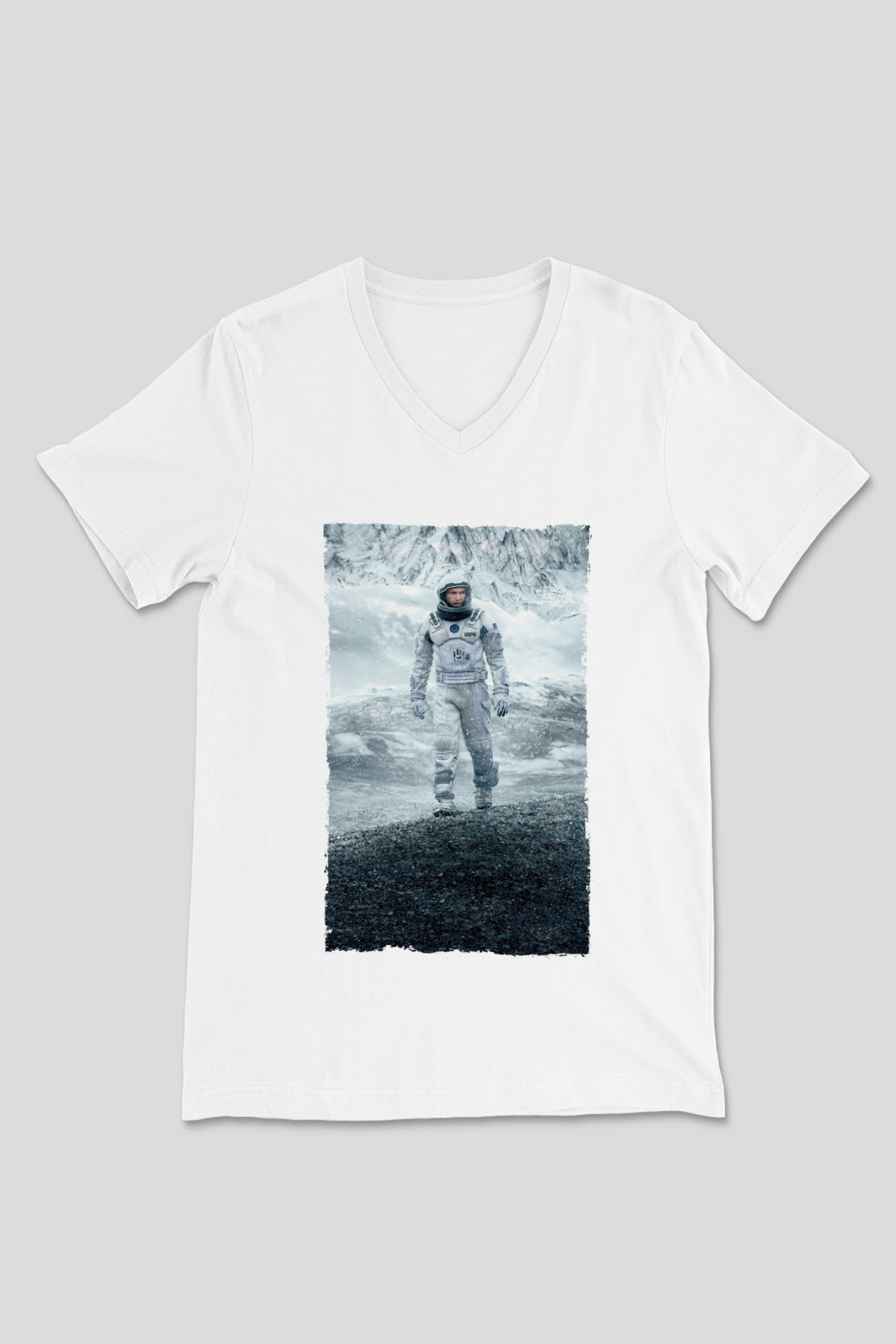Unisex Yıldızlararası (Interstellar) Baskılı Beyaz V Yaka Tişört