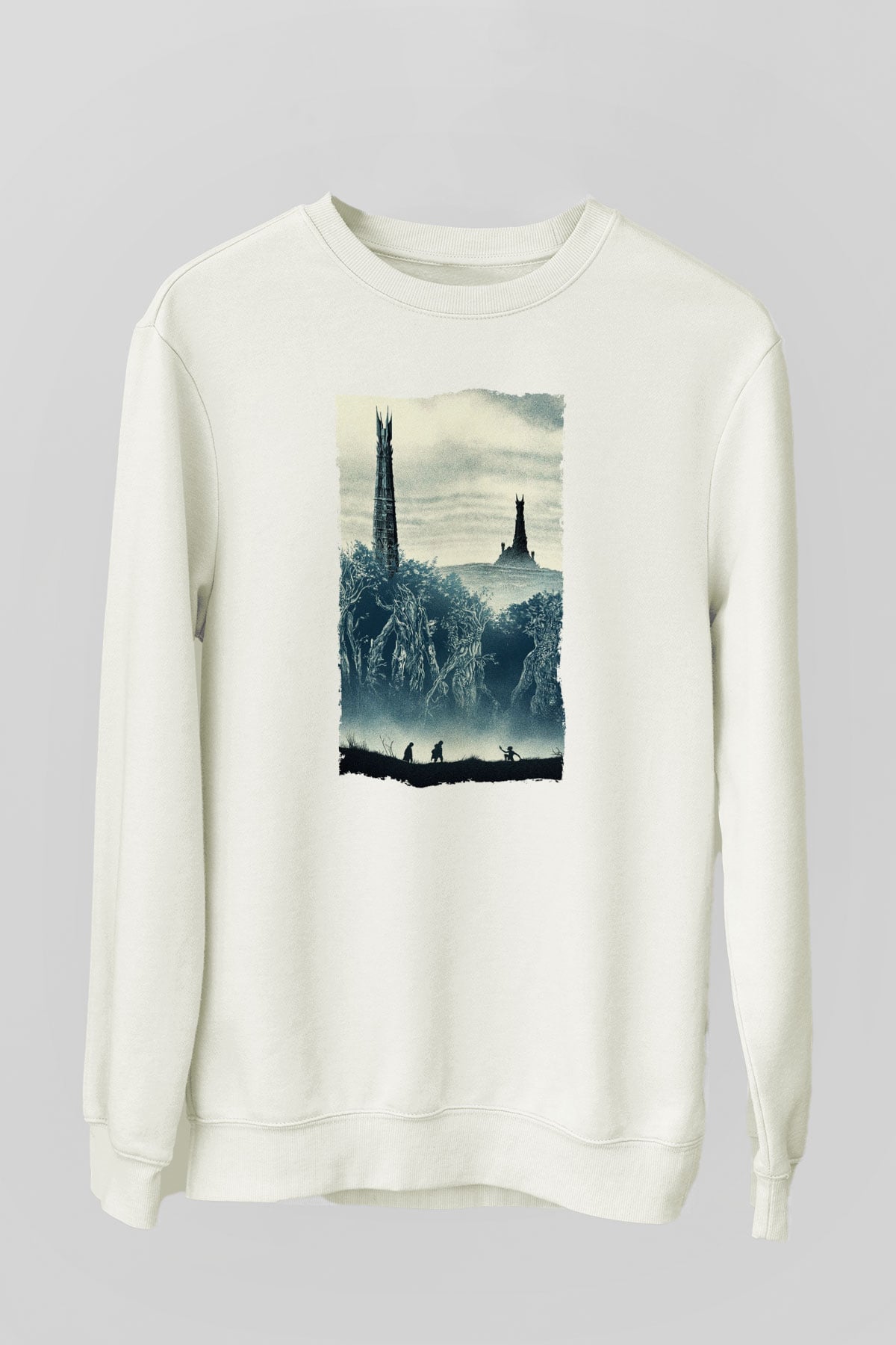 Unisex Yüzüklerin Efendisi İki Kule (The Lord of the Rings The Two Towers) Baskılı Beyaz Sweatshirt