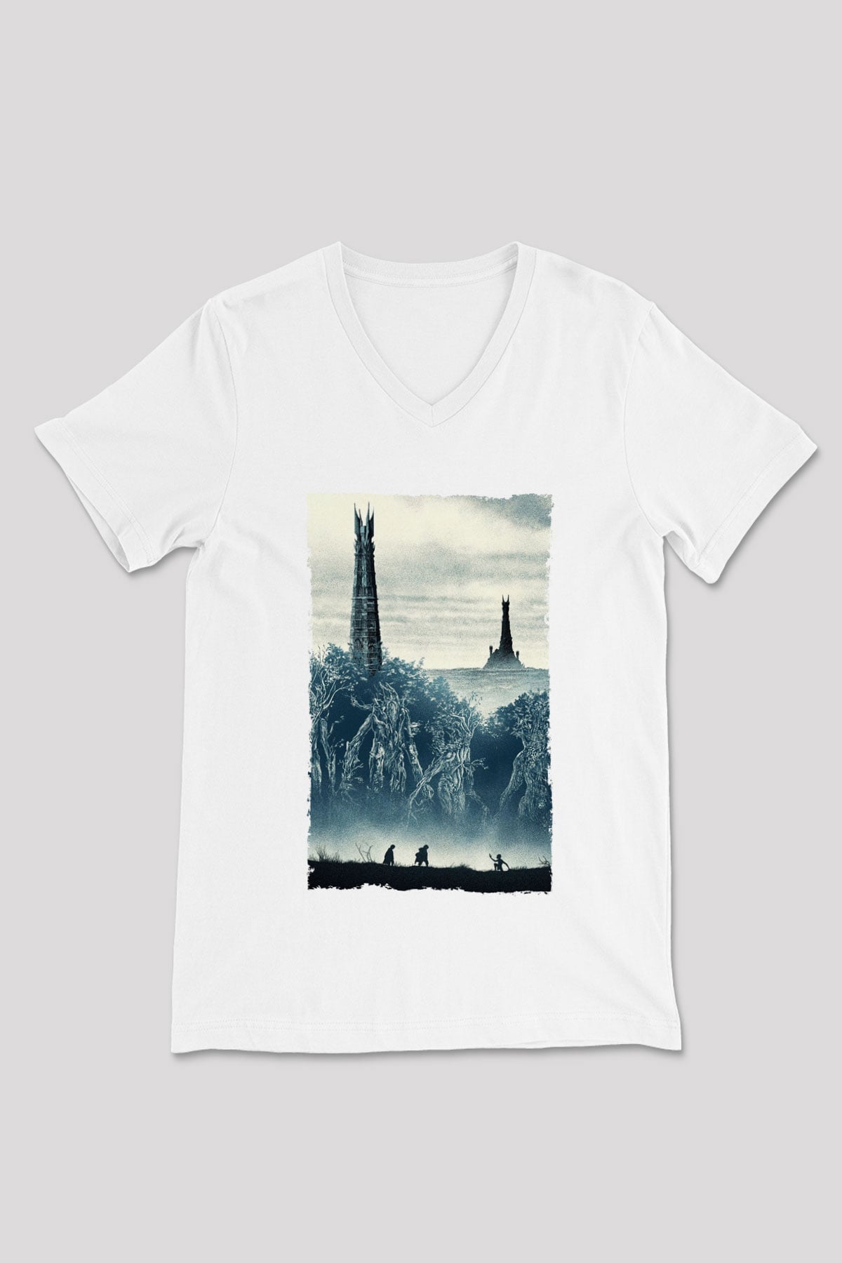 Unisex Yüzüklerin Efendisi İki Kule (The Lord of the Rings The Two Towers) Baskılı Beyaz V Yaka Tshirt