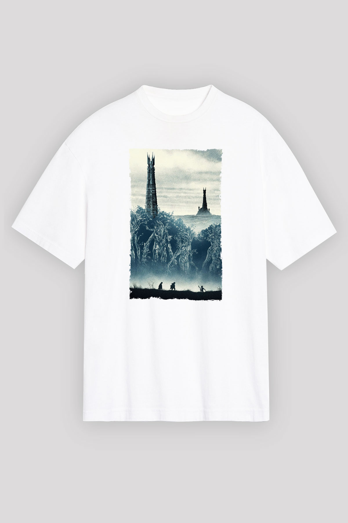 Unisex Yüzüklerin Efendisi İki Kule (The Lord of the Rings The Two Towers) Baskılı Beyaz Oversize Oversize T-shirt