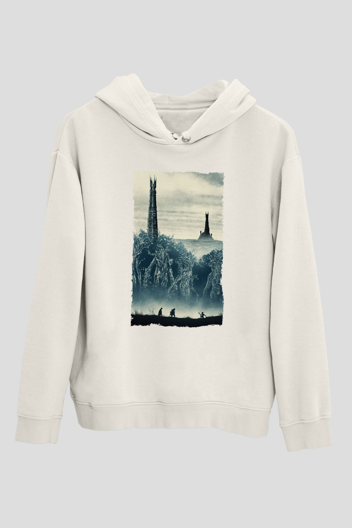 Unisex Yüzüklerin Efendisi İki Kule (The Lord of the Rings The Two Towers) Baskılı Beyaz Kapüşonlu Sweatshirt