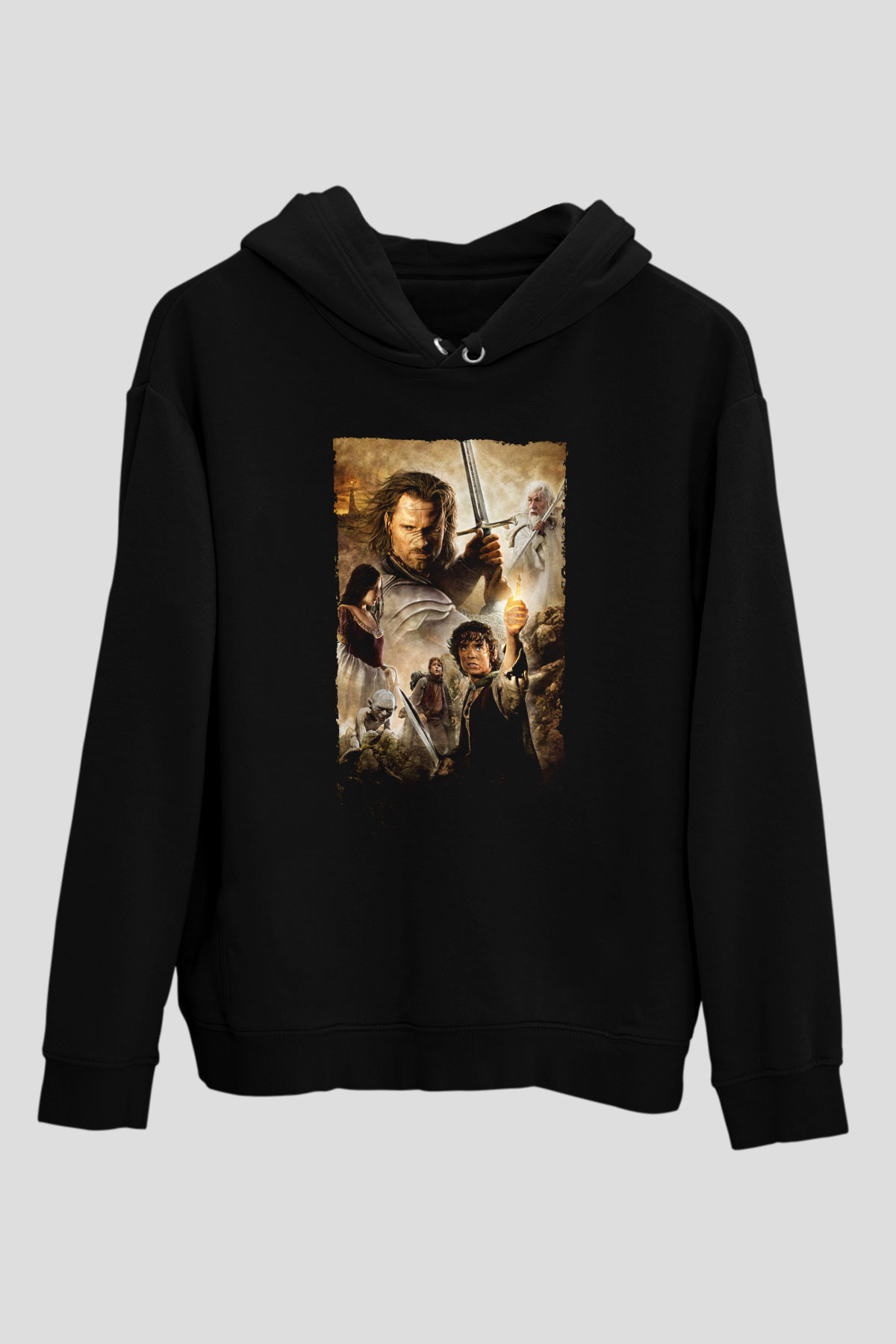 Unisex Yüzüklerin Efendisi Kralın Dönüşü (The Lord of the Rings The Return of the King) Baskılı Siyah Kapüşonlu Sweatshirt