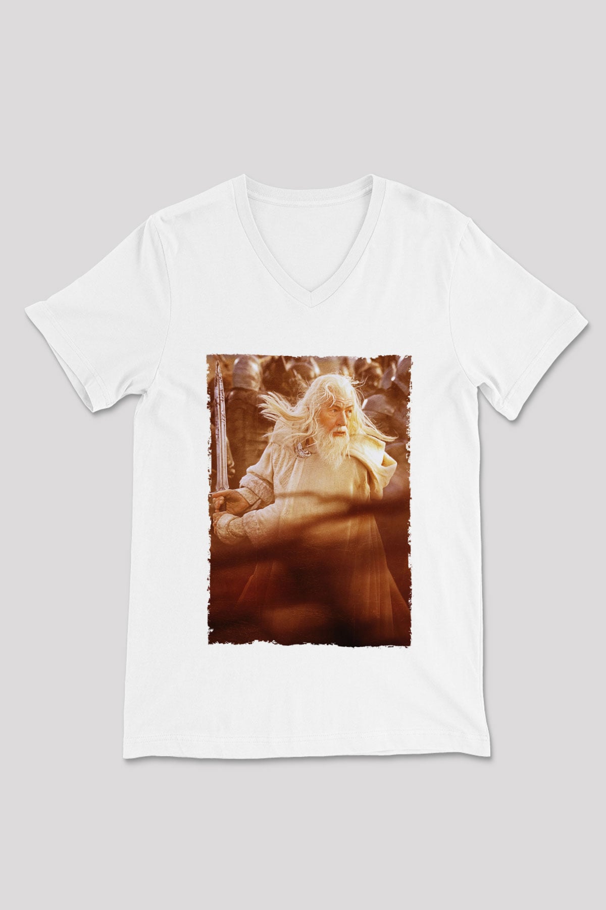Unisex Yüzüklerin Efendisi Kralın Dönüşü (The Lord of the Rings The Return of the King) Baskılı Beyaz V Yaka T-shirt