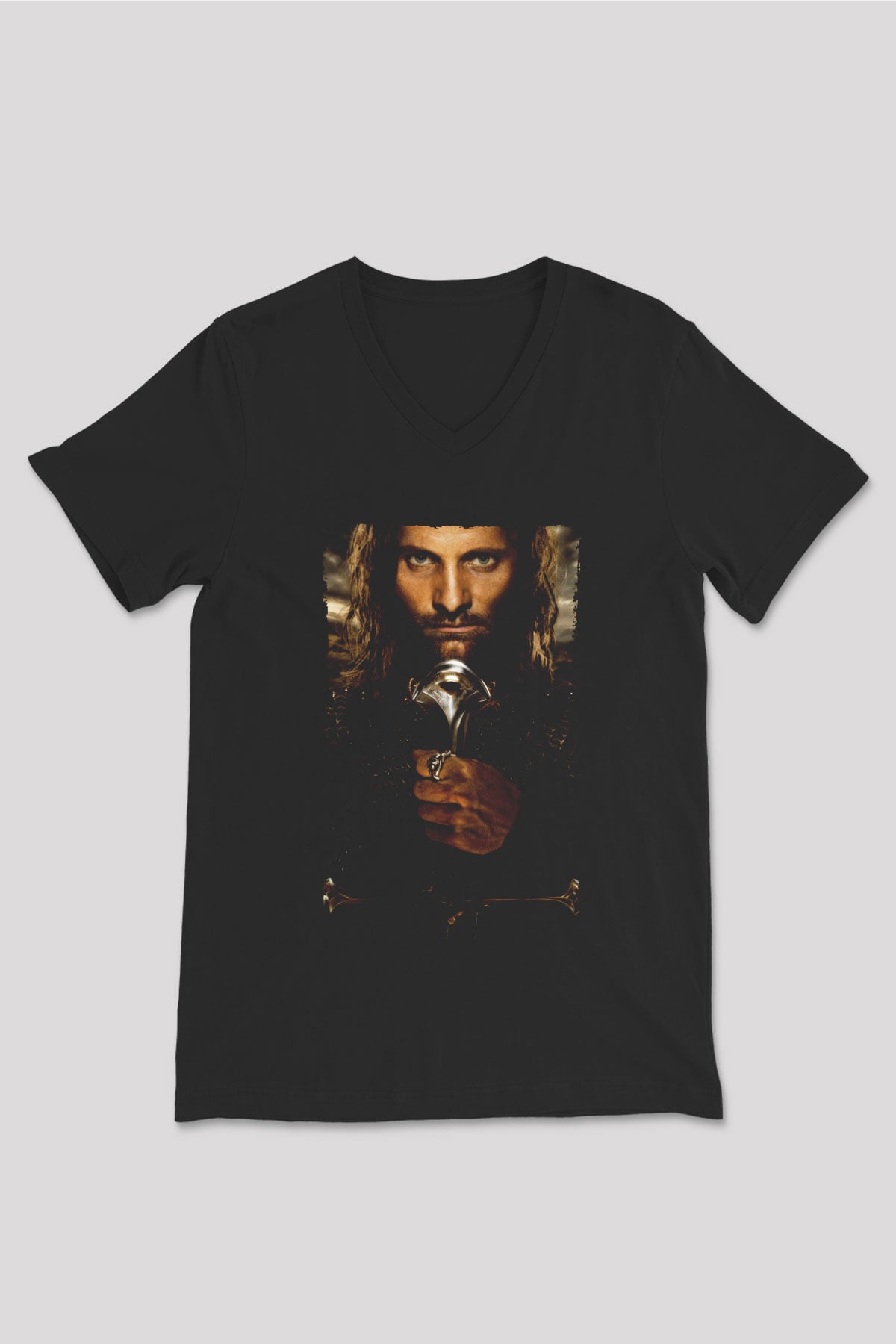 Unisex Yüzüklerin Efendisi Kralın Dönüşü (The Lord of the Rings The Return of the King) Baskılı Siyah V Yaka T-shirt
