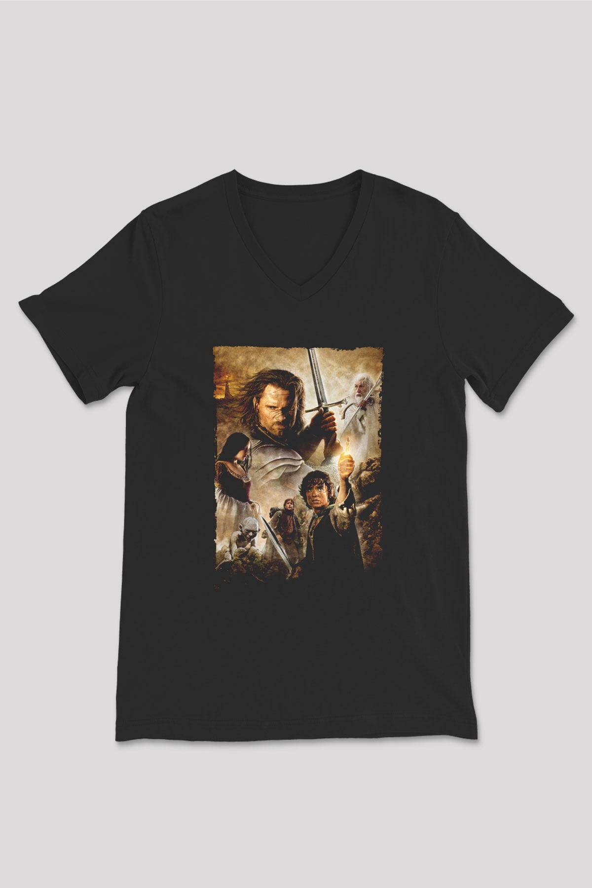 Unisex Yüzüklerin Efendisi Kralın Dönüşü (The Lord of the Rings The Return of the King) Baskılı Siyah V Yaka Tshirt