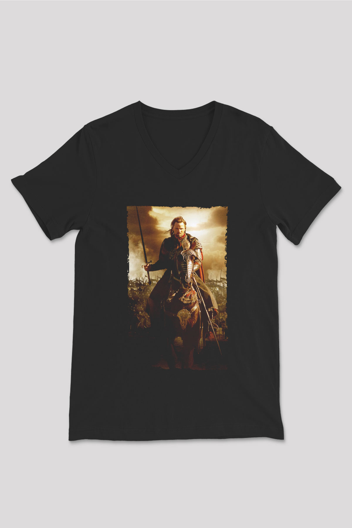 Unisex Yüzüklerin Efendisi Kralın Dönüşü (The Lord of the Rings The Return of the King) Baskılı Siyah V Yaka Tişört