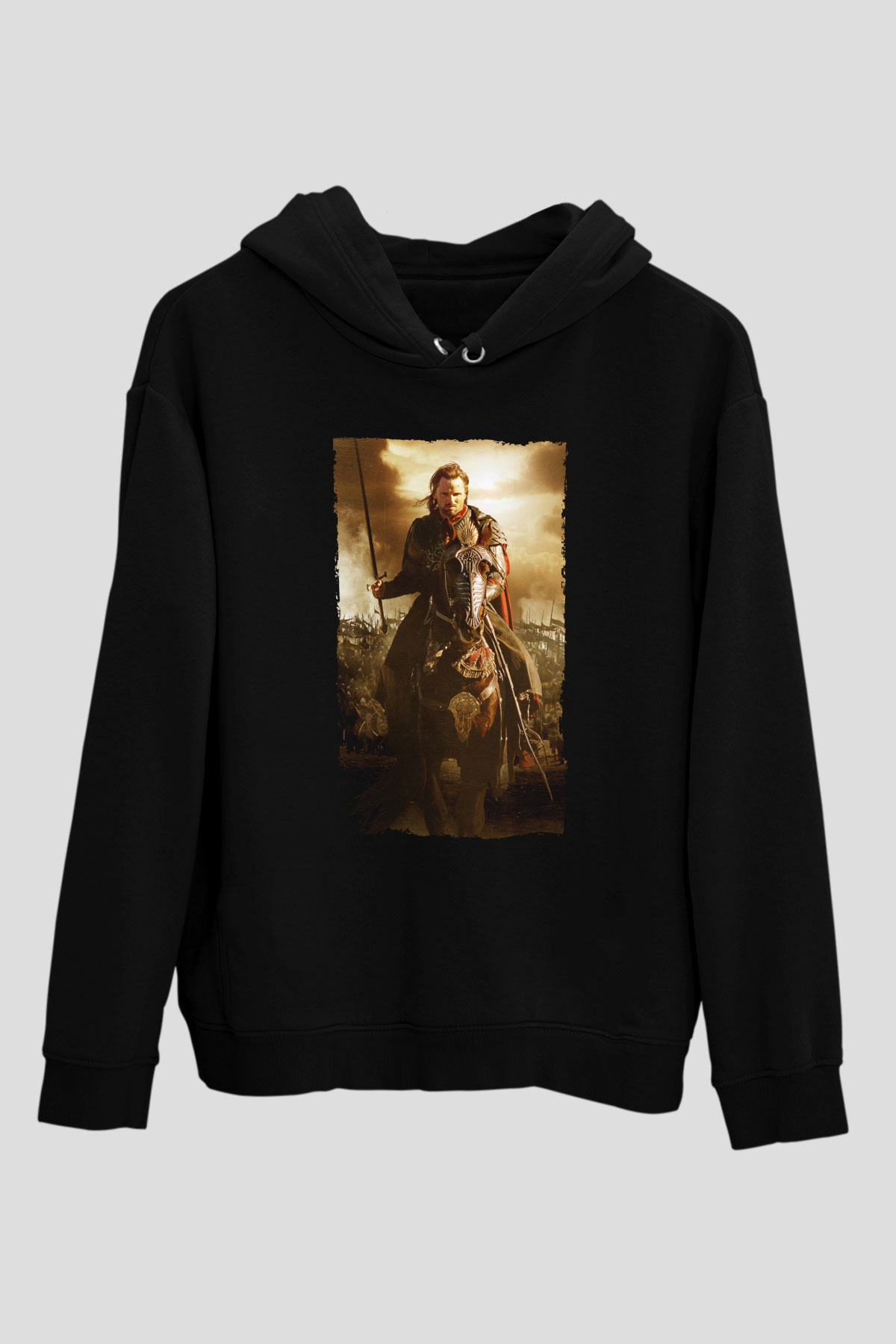 Unisex Yüzüklerin Efendisi Kralın Dönüşü (The Lord of the Rings The Return of the King) Baskılı Siyah Kapüşonlu Sweatshirt