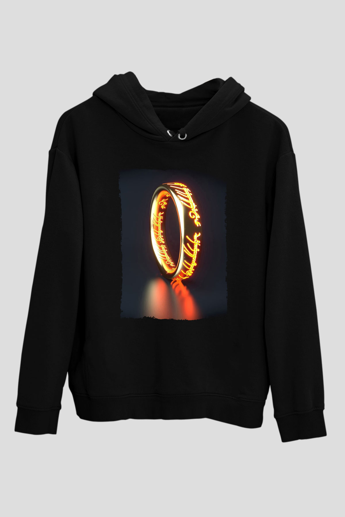 Unisex Yüzüklerin Efendisi (The Lord of the Rings) Baskılı Siyah Kapüşonlu Sweatshirt
