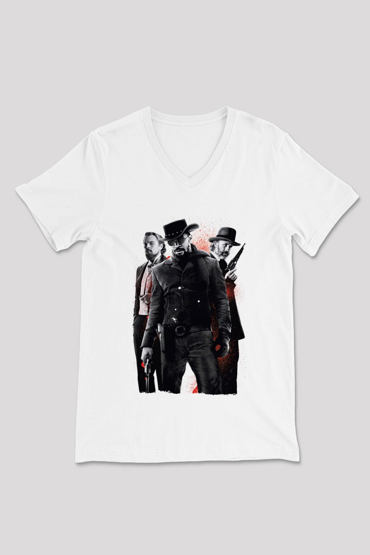 Unisex Zincirsiz - Django Unchained Baskılı Beyaz V Yaka Tişört