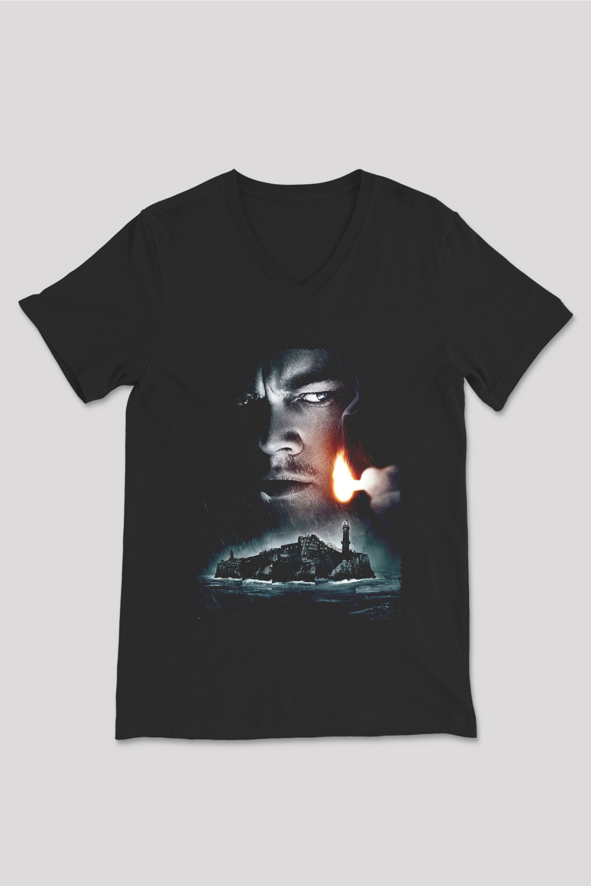 Unisex Zindan Adası (Shutter Island) Baskılı Siyah V Yaka Tshirt