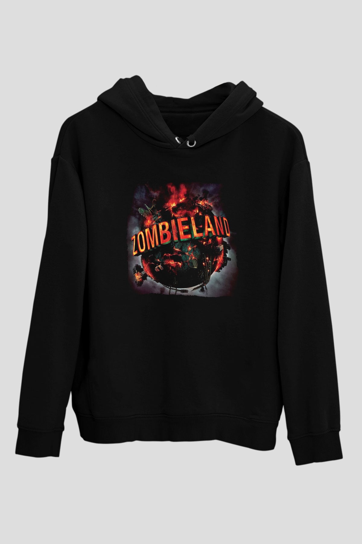Unisex Zombieland Baskılı Siyah Kapüşonlu Sweatshirt