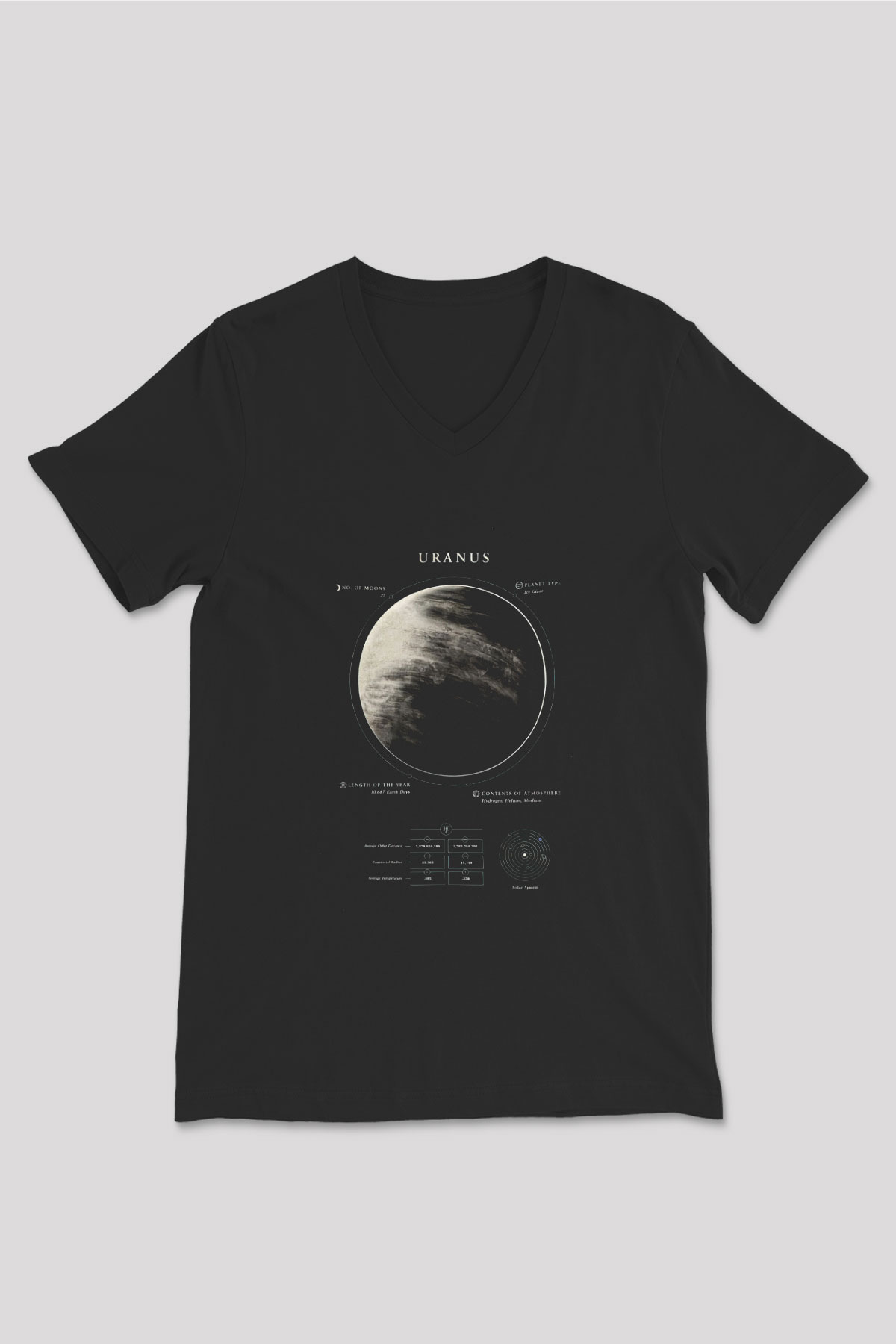 Uranüs Fiziksel Özellikleri Baskılı Unisex V Yaka Siyah Tİşört - Tshirt