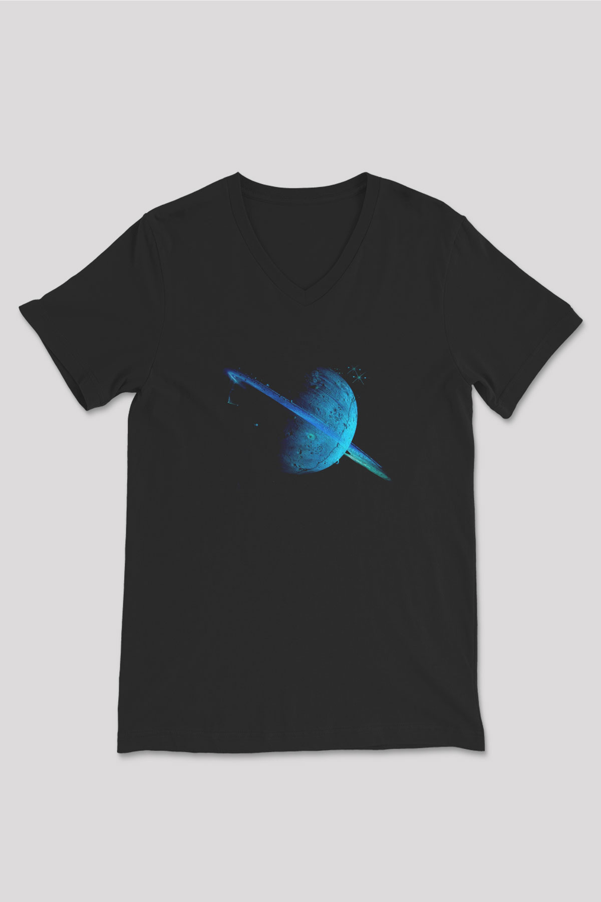 Uranüs Siyah Unisex V Yaka Tişört