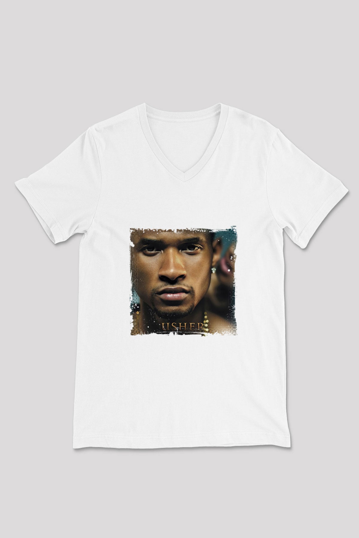 Usher  Baskılı Beyaz V Yaka Unisex Tişört