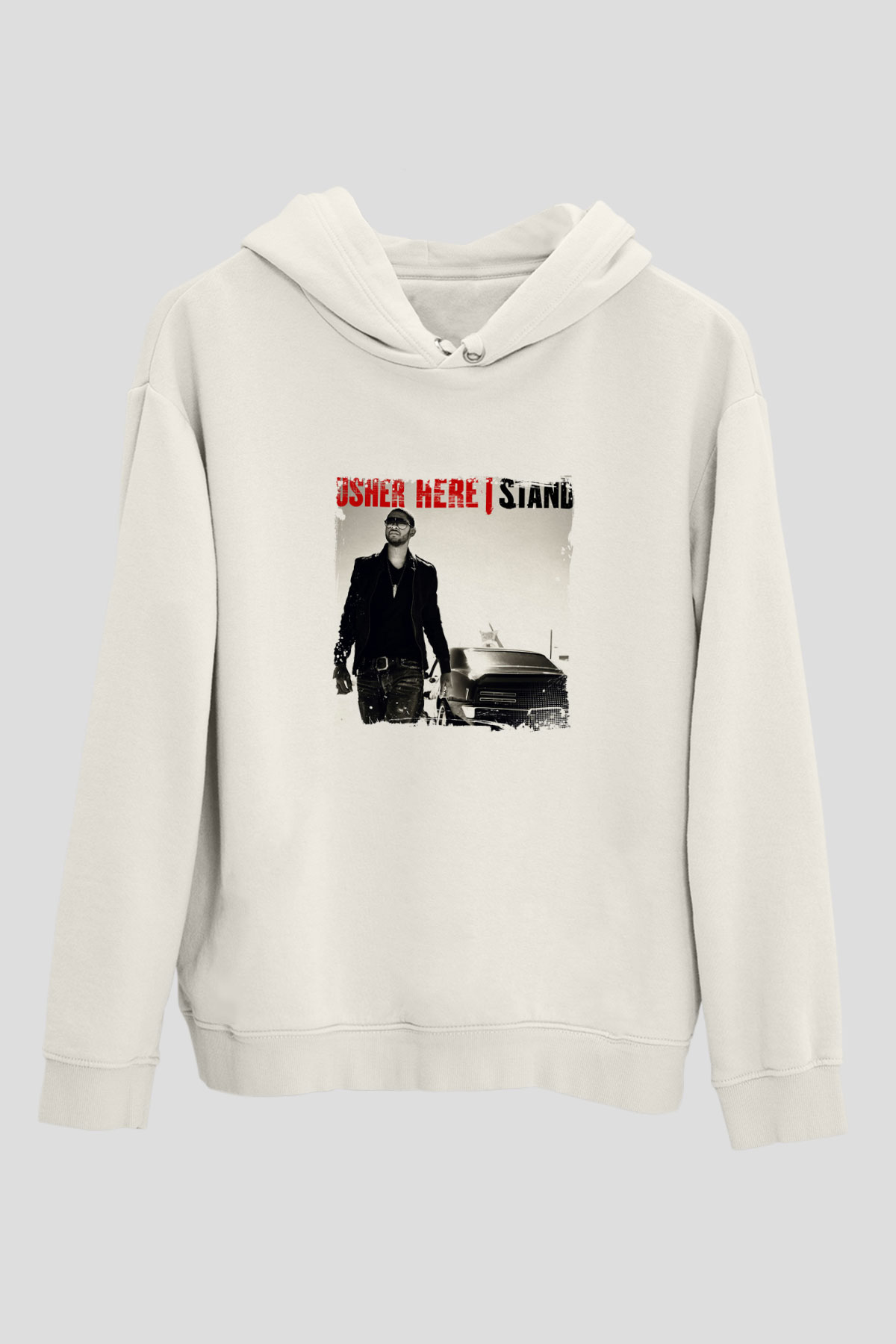 Usher  Baskılı Unisex Beyaz Kapüşonlu Sweatshirt