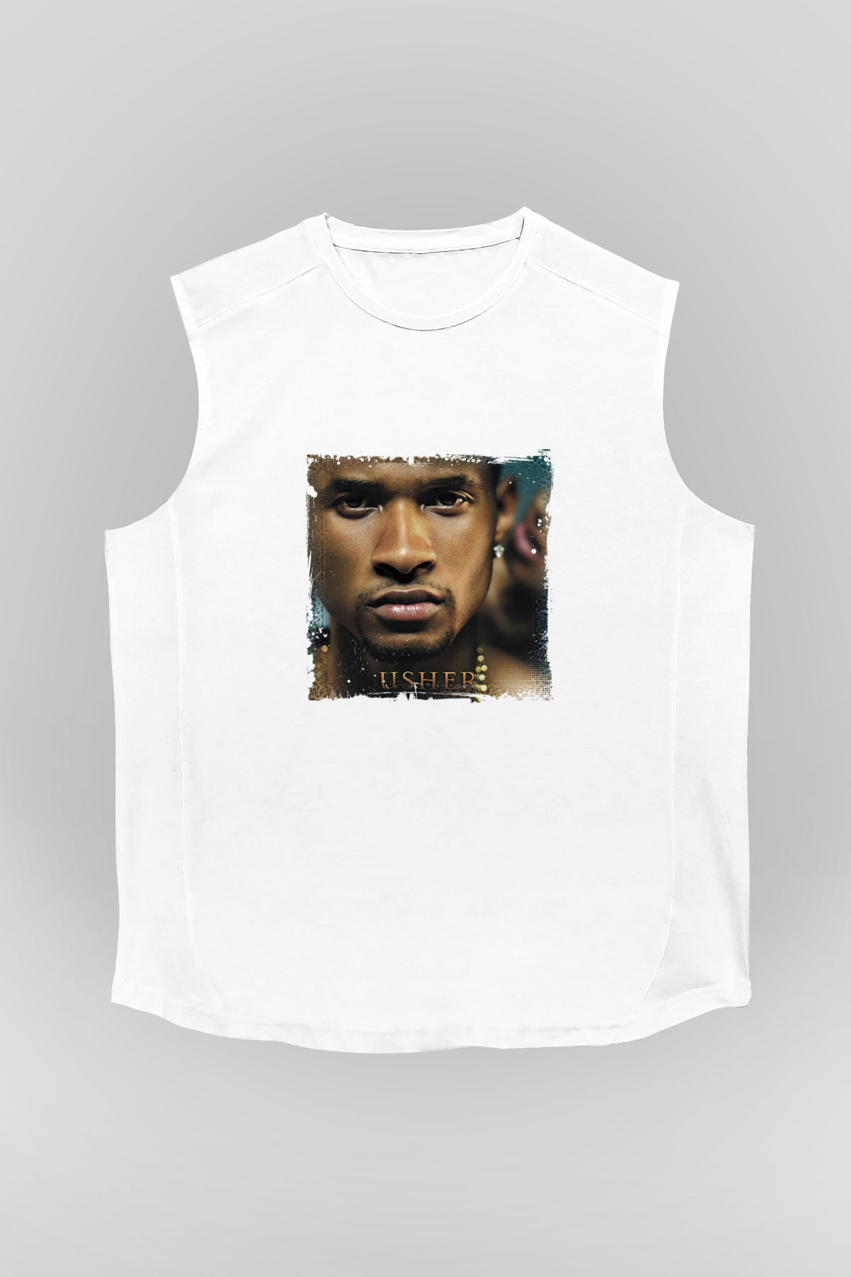 Usher  Baskılı Unisex Beyaz Kolsuz Tişört