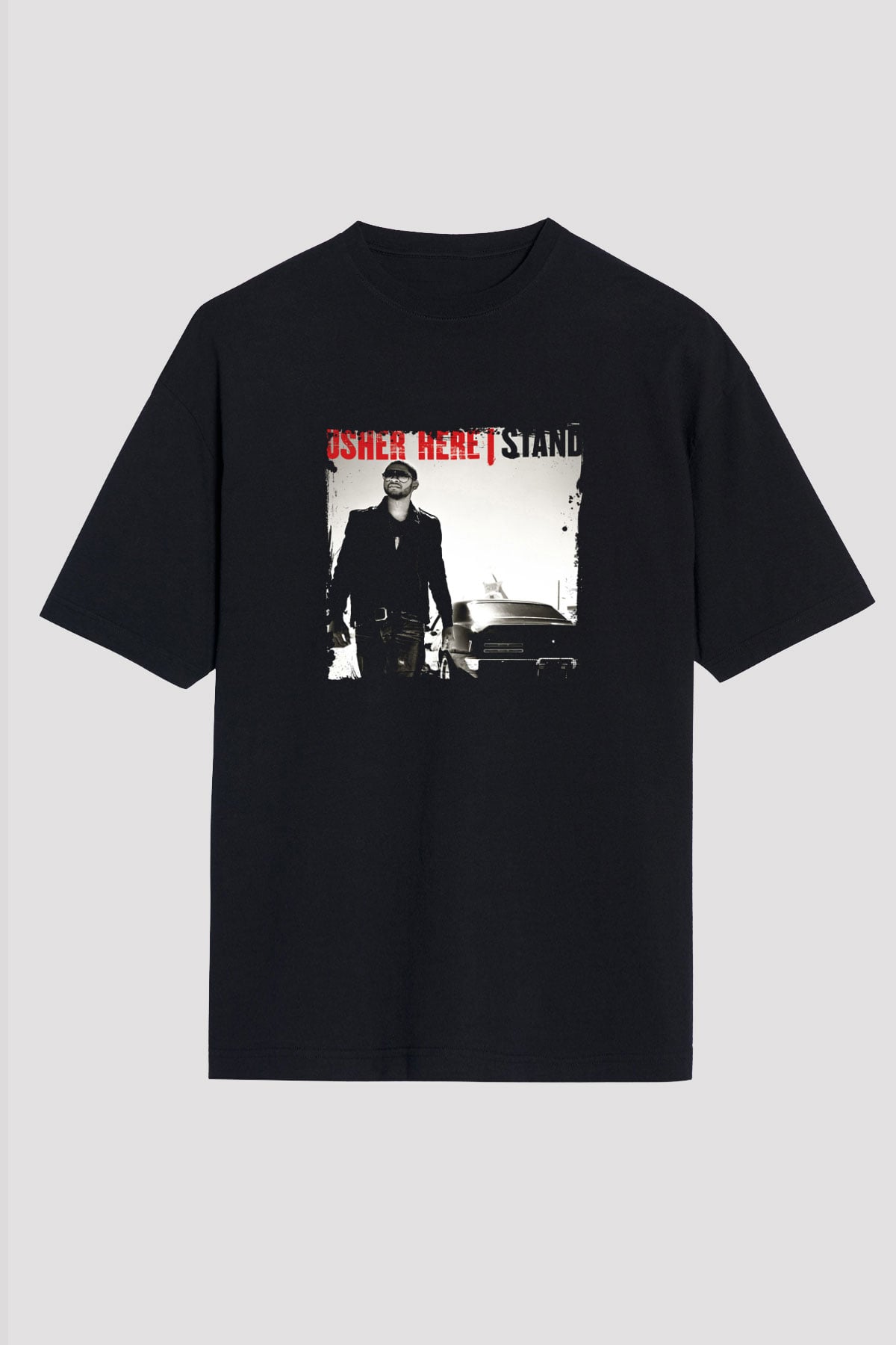 Usher  Baskılı Unisex Oversize Siyah Tişört