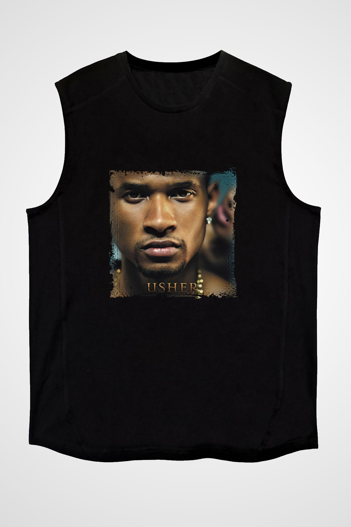 Usher  Baskılı Unisex Siyah Kolsuz Tişört