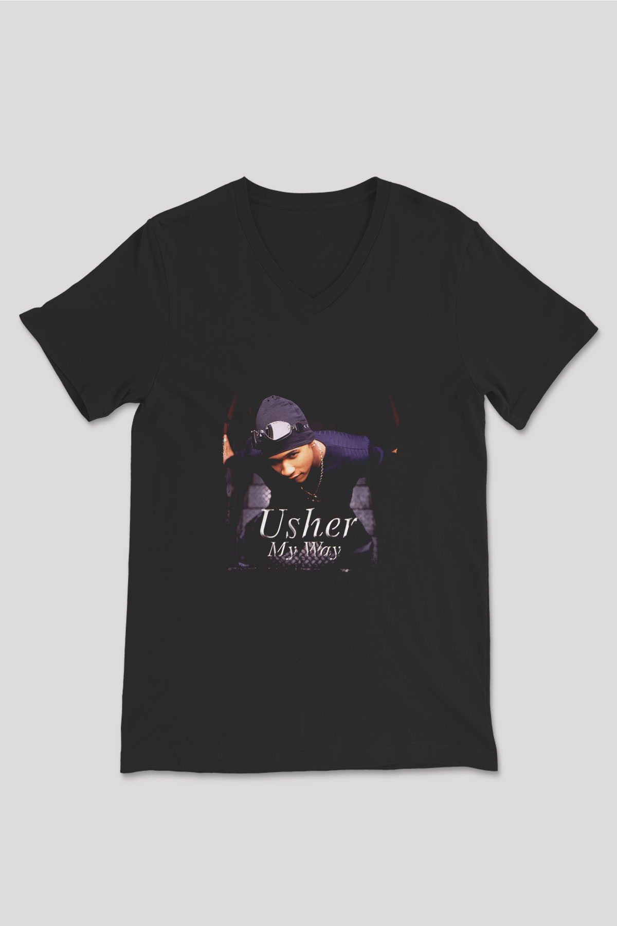 Usher  Baskılı Unisex Siyah V Yaka Tişört