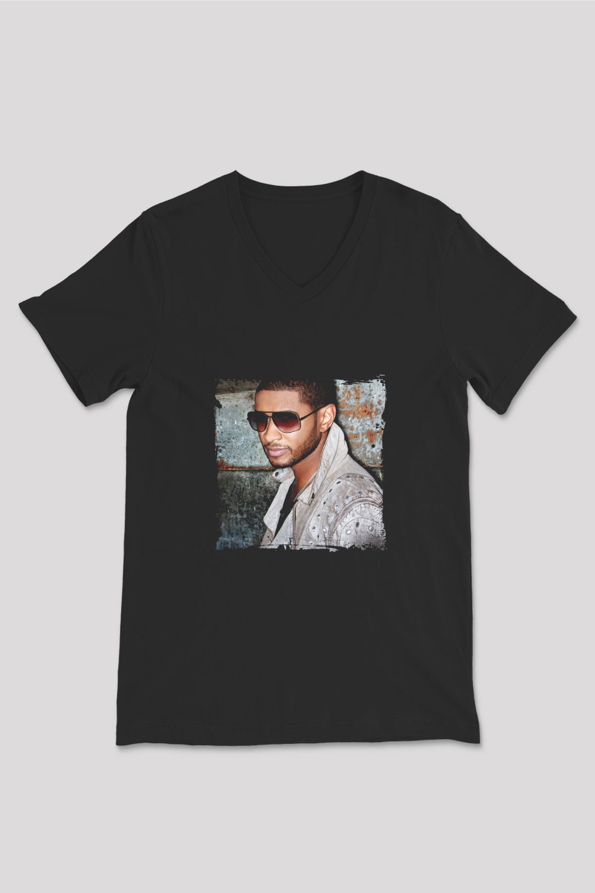 Usher  Baskılı Unisex Siyah V Yaka Tişört