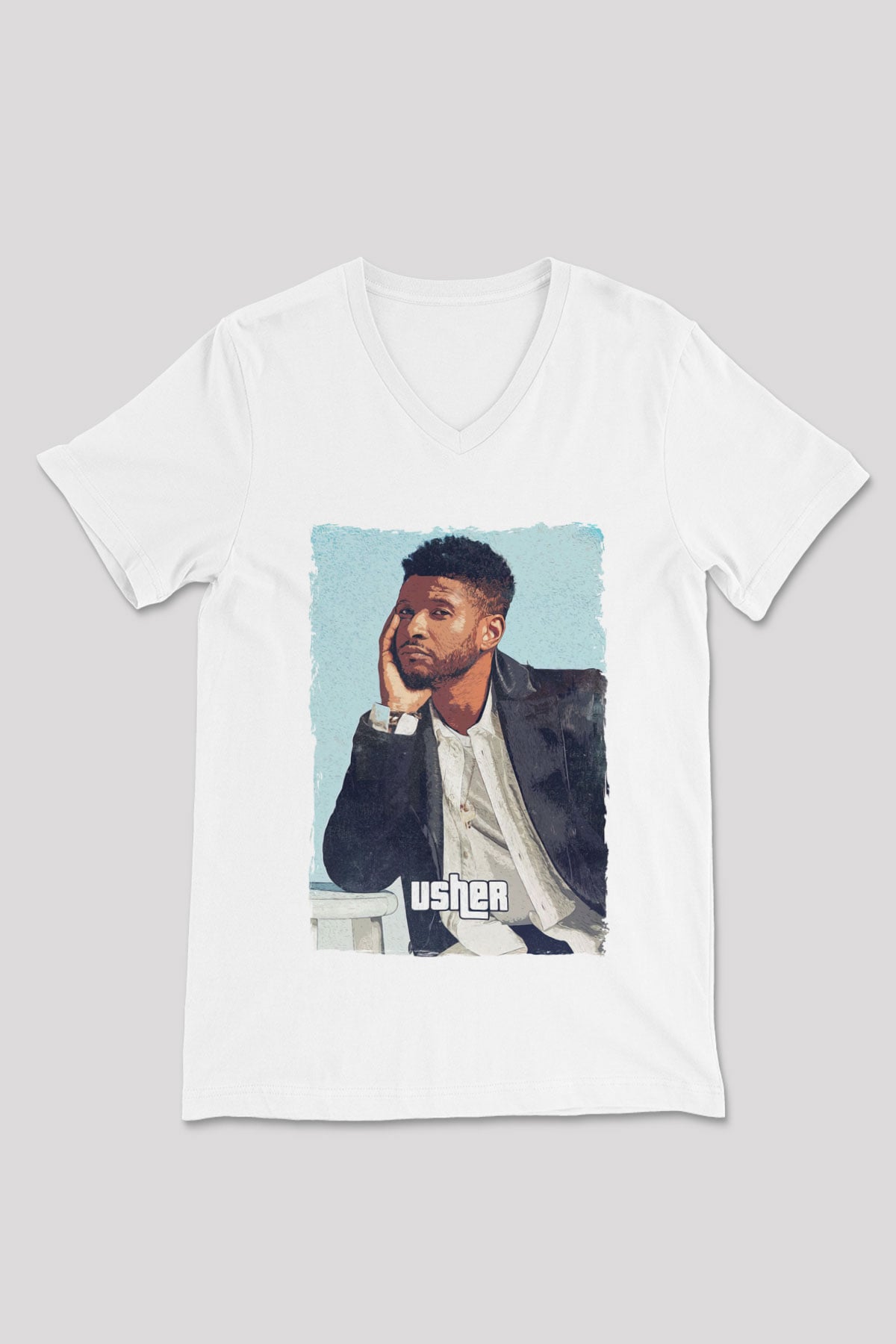 Usher Beyaz Unisex V Yaka Tişört