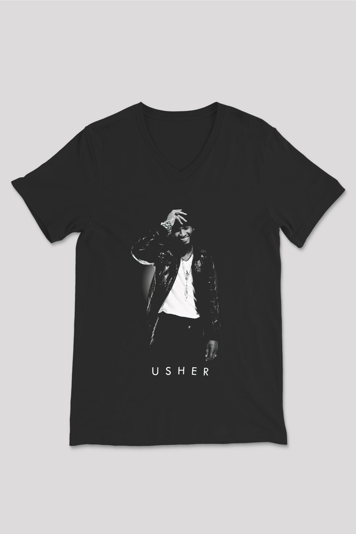 Usher Siyah Unisex V Yaka Tişört