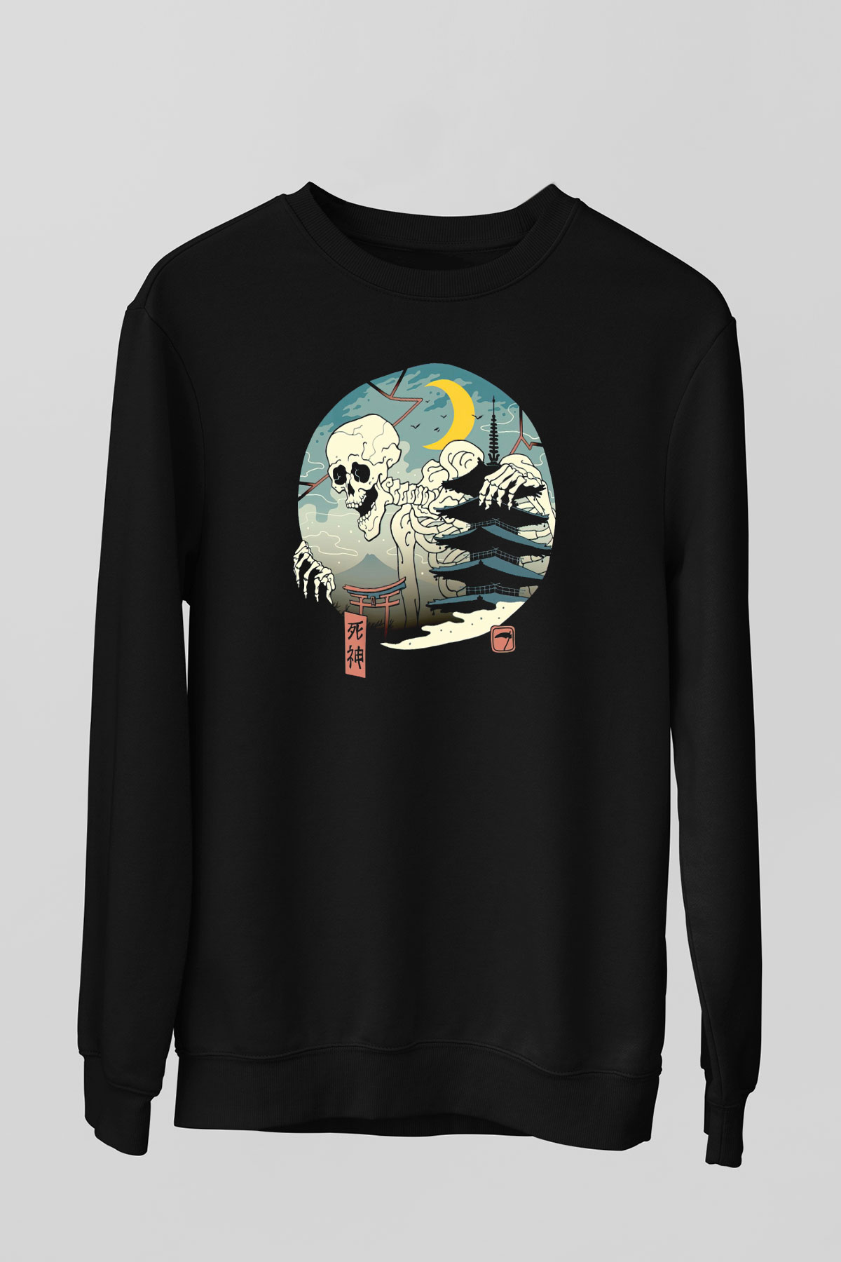 Uzakdoğulu İskelet Baskılı Siyah Unisex  Sweatshirt