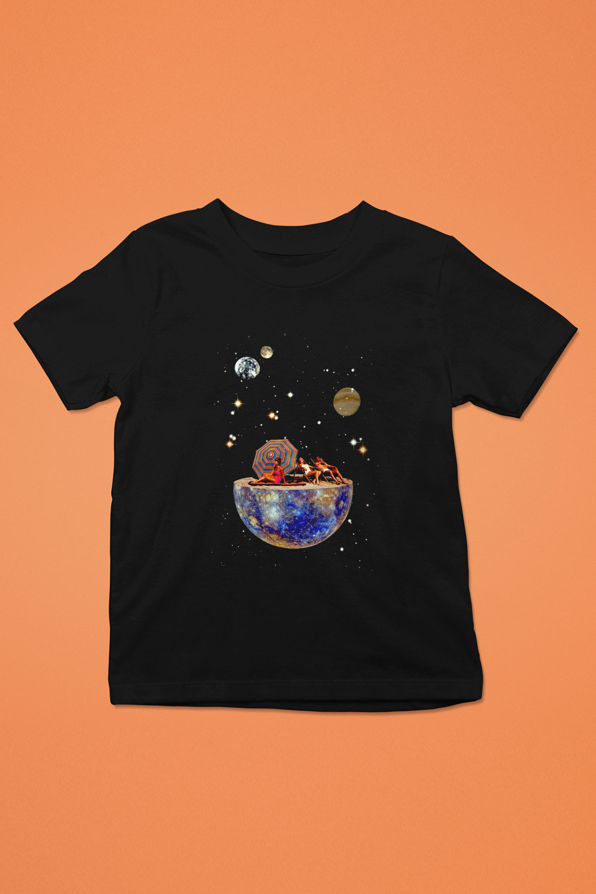 Uzayda Güneşlenmek Baskılı Unisex Siyah  Çocuk Tişört