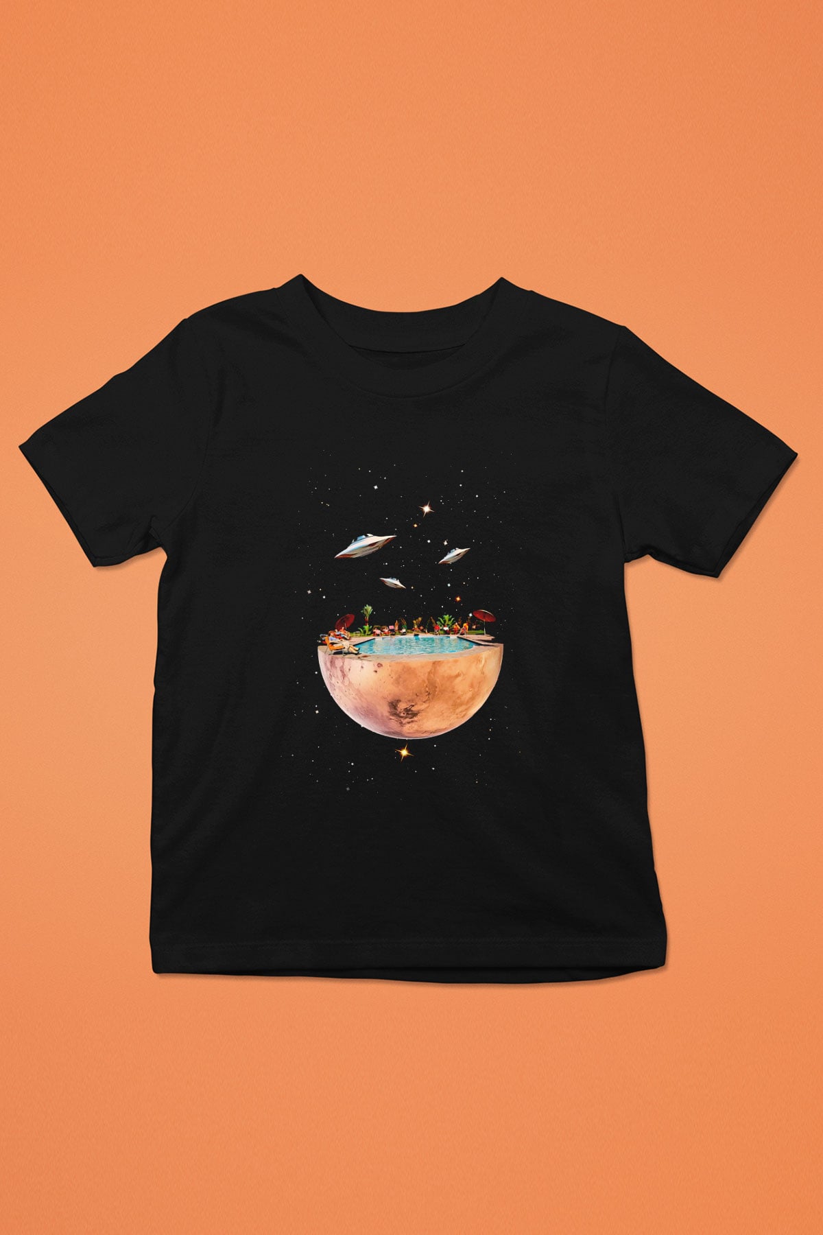 Uzayda Havuz Keyfi Baskılı Unisex Siyah  Çocuk Tişört