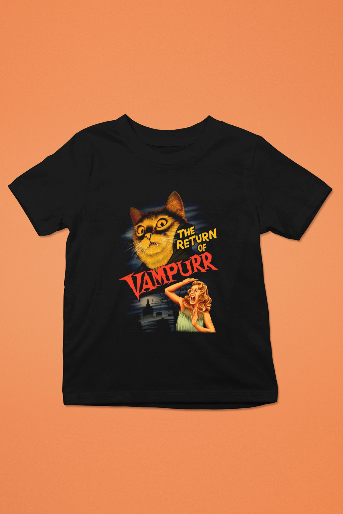 Vampir Kedi Baskılı Unisex Siyah  Çocuk Tişört