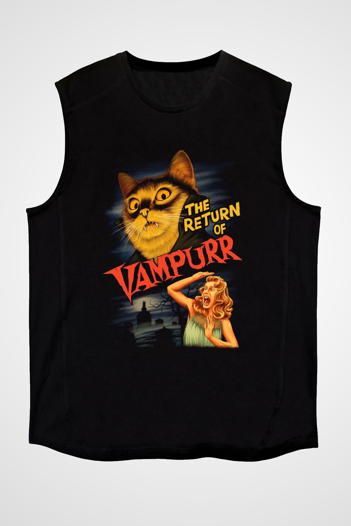 Vampir Kedi Baskılı Unisex Siyah  Kolsuz Tişört