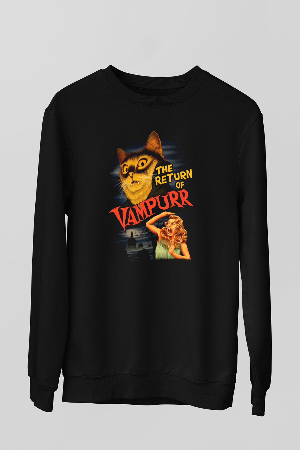 Vampir Kedi Baskılı Unisex Siyah  Sweatshirt