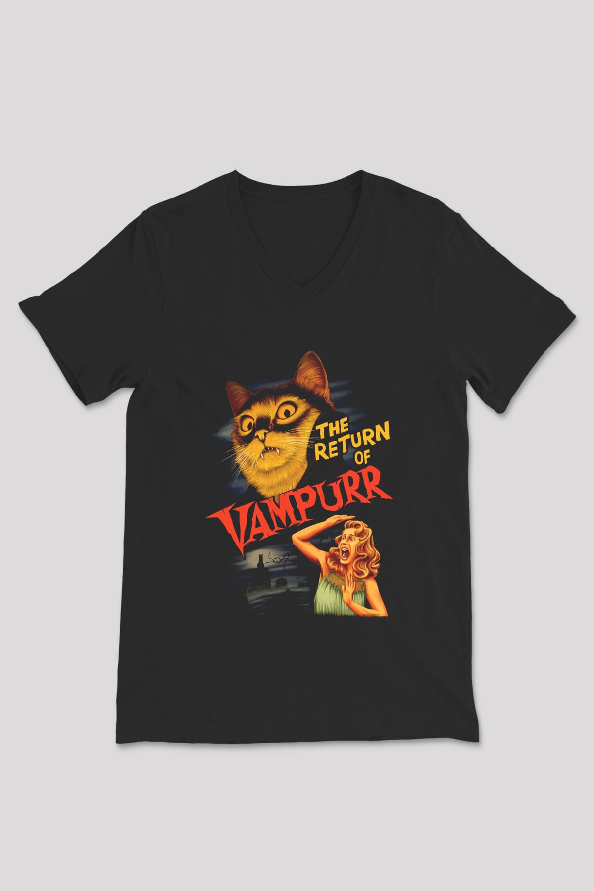 Vampir Kedi Baskılı Unisex Siyah  V Yaka Tişört