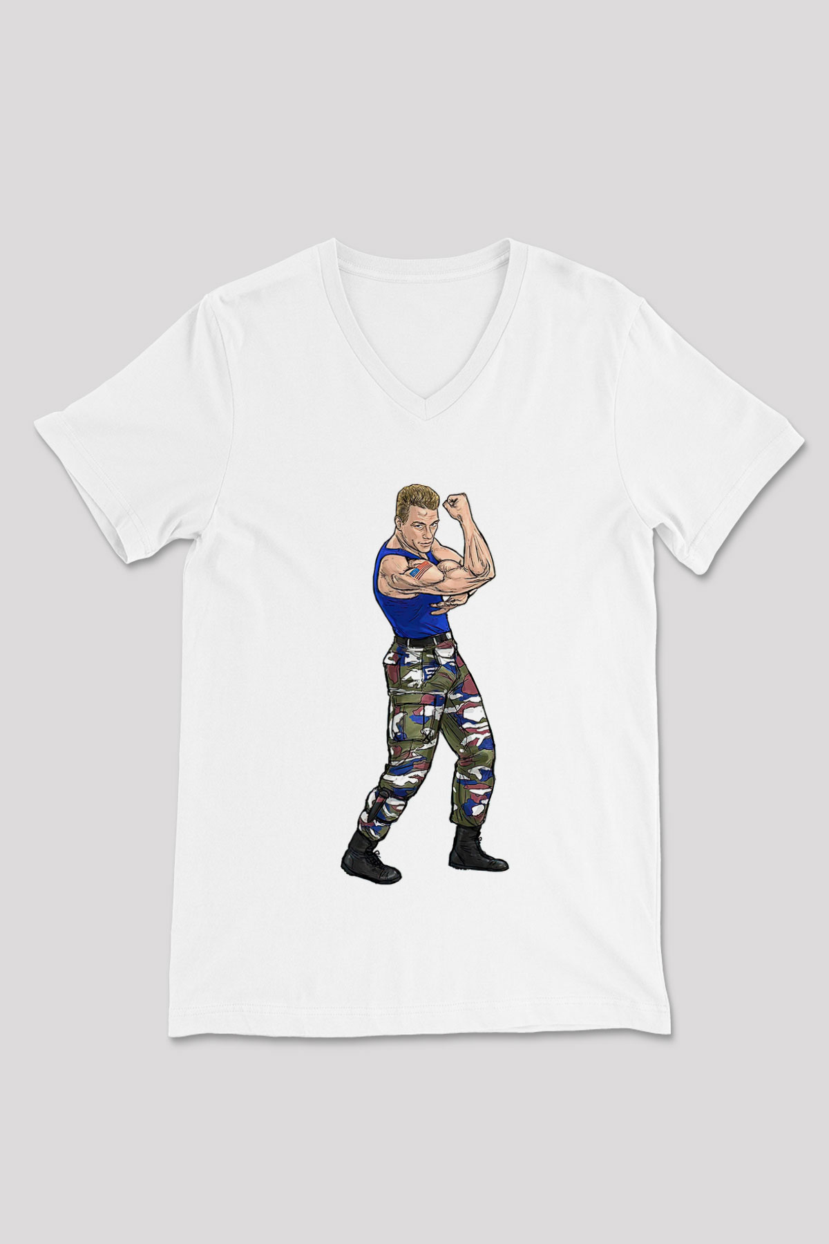 Van Damme James Baskılı Beyaz Unisex V Yaka Tişört - Tshirt