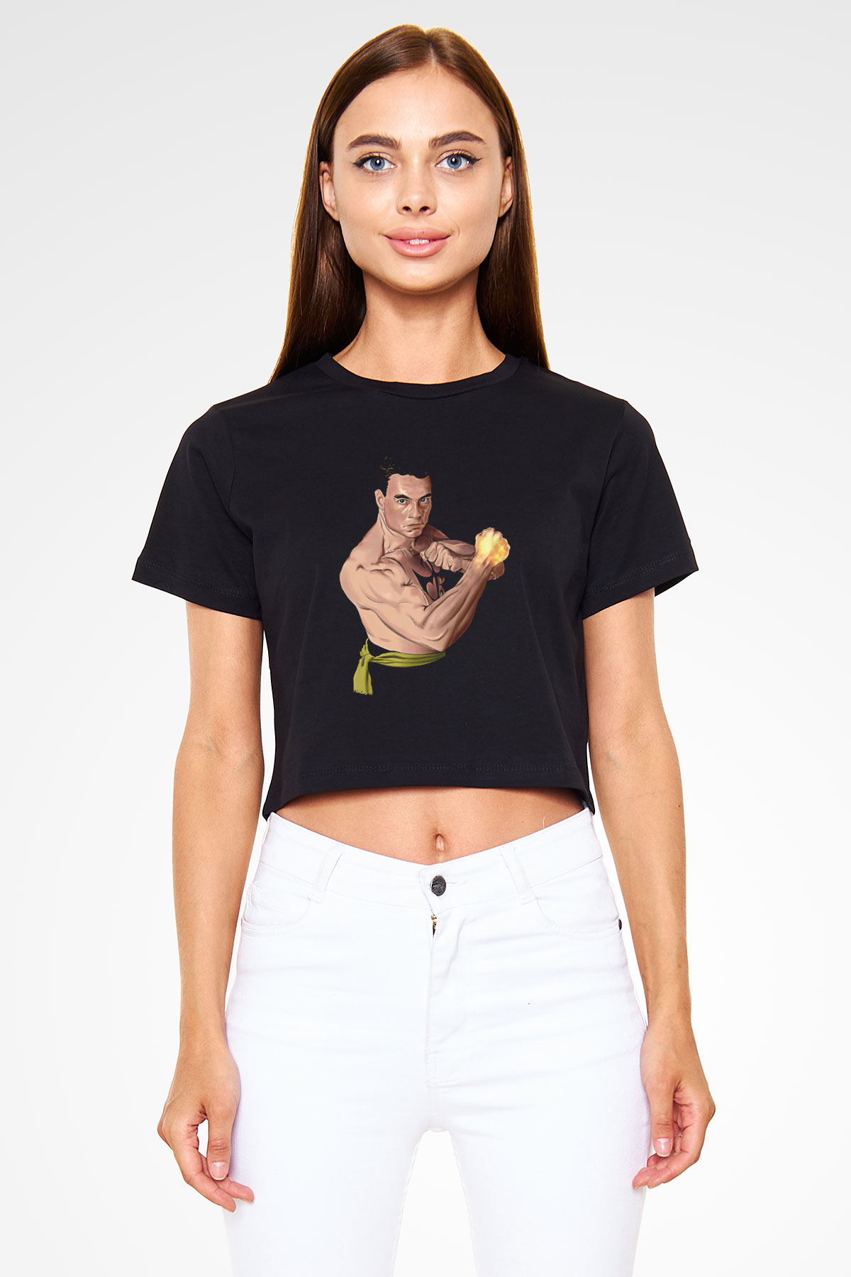 Van Damme James Baskılı Siyah Crop Top Kadın Tişört - Tshirt