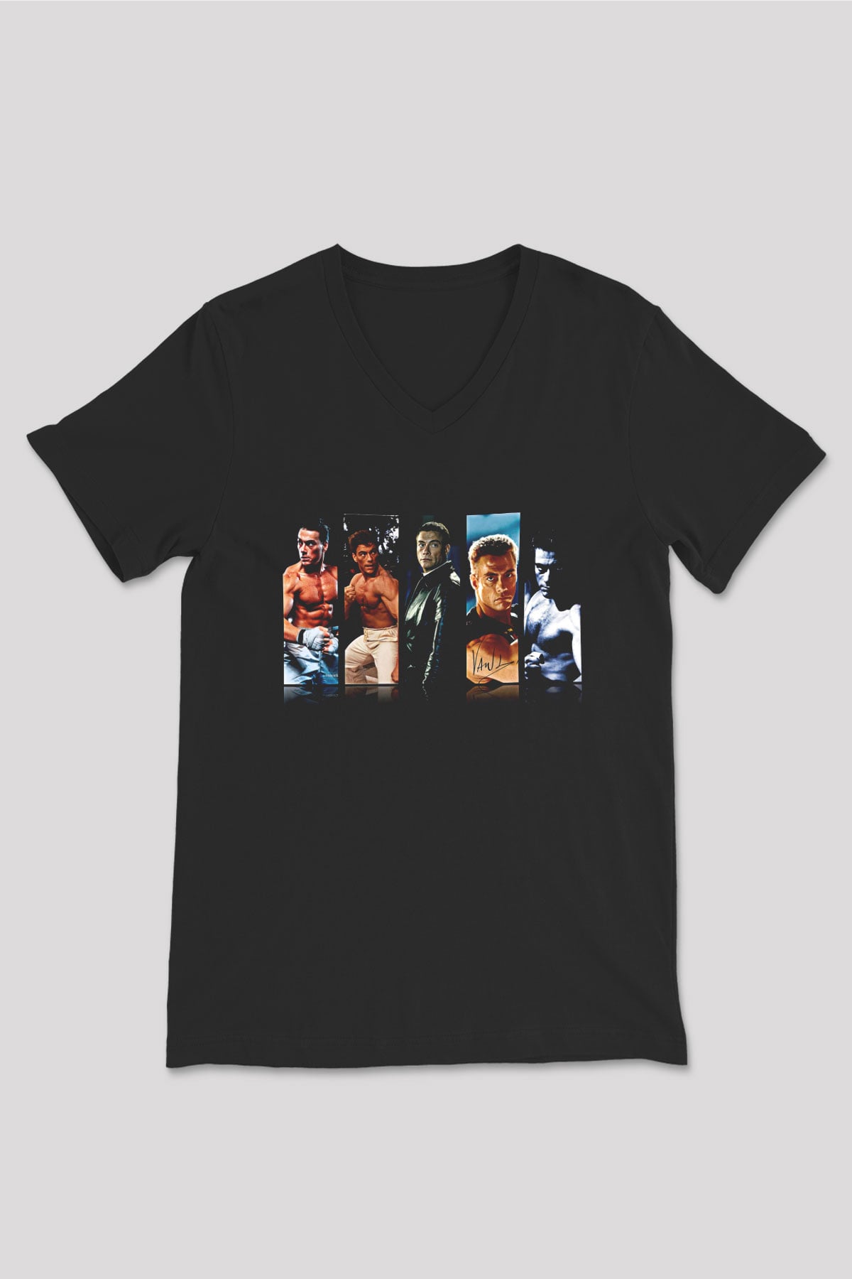 Van Damme James Baskılı Unisex Siyah V Yaka Tişört - Tshirt