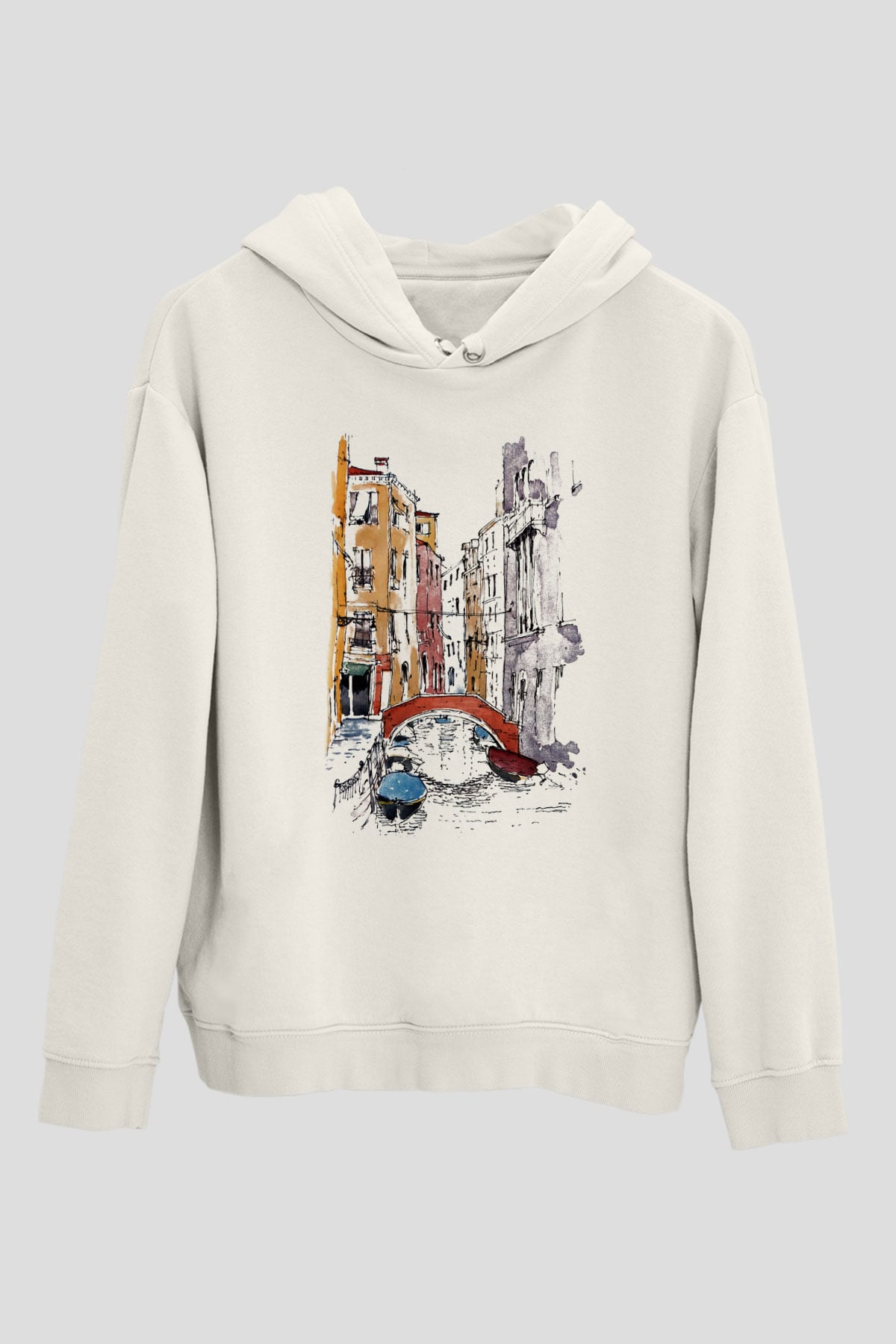 Venedik Kanal Beyaz Unisex Kapşonlu Sweatshirt