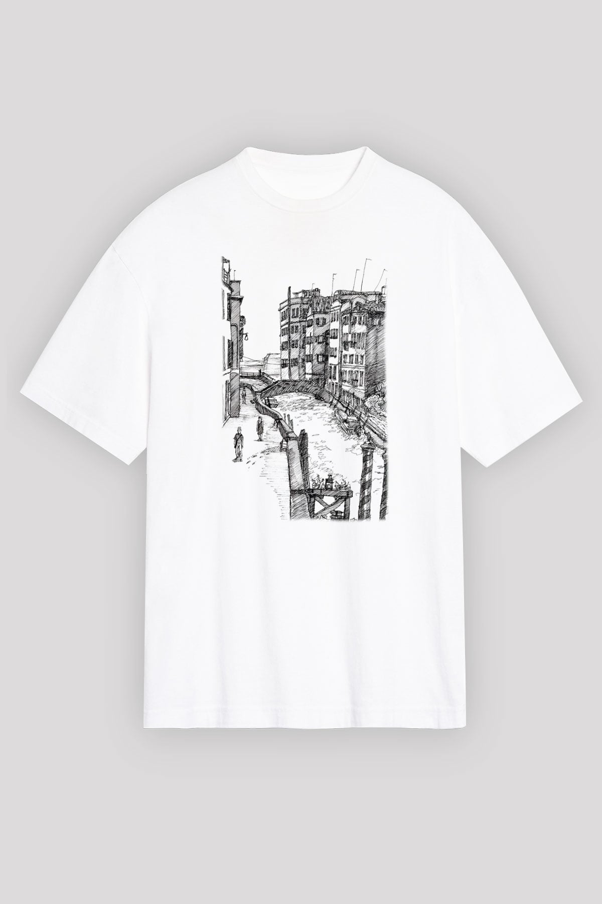 Venedik Kanal Beyaz Unisex Oversize Tişört T-Shirt