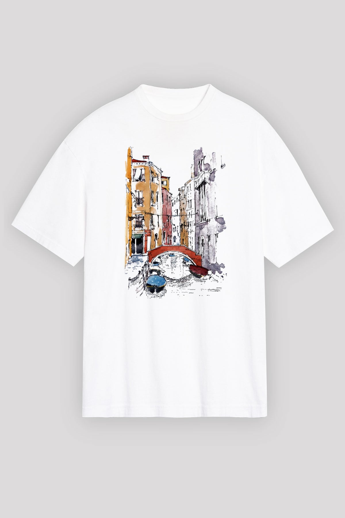 Venedik Kanal Beyaz Unisex Oversize Tişört T-Shirt