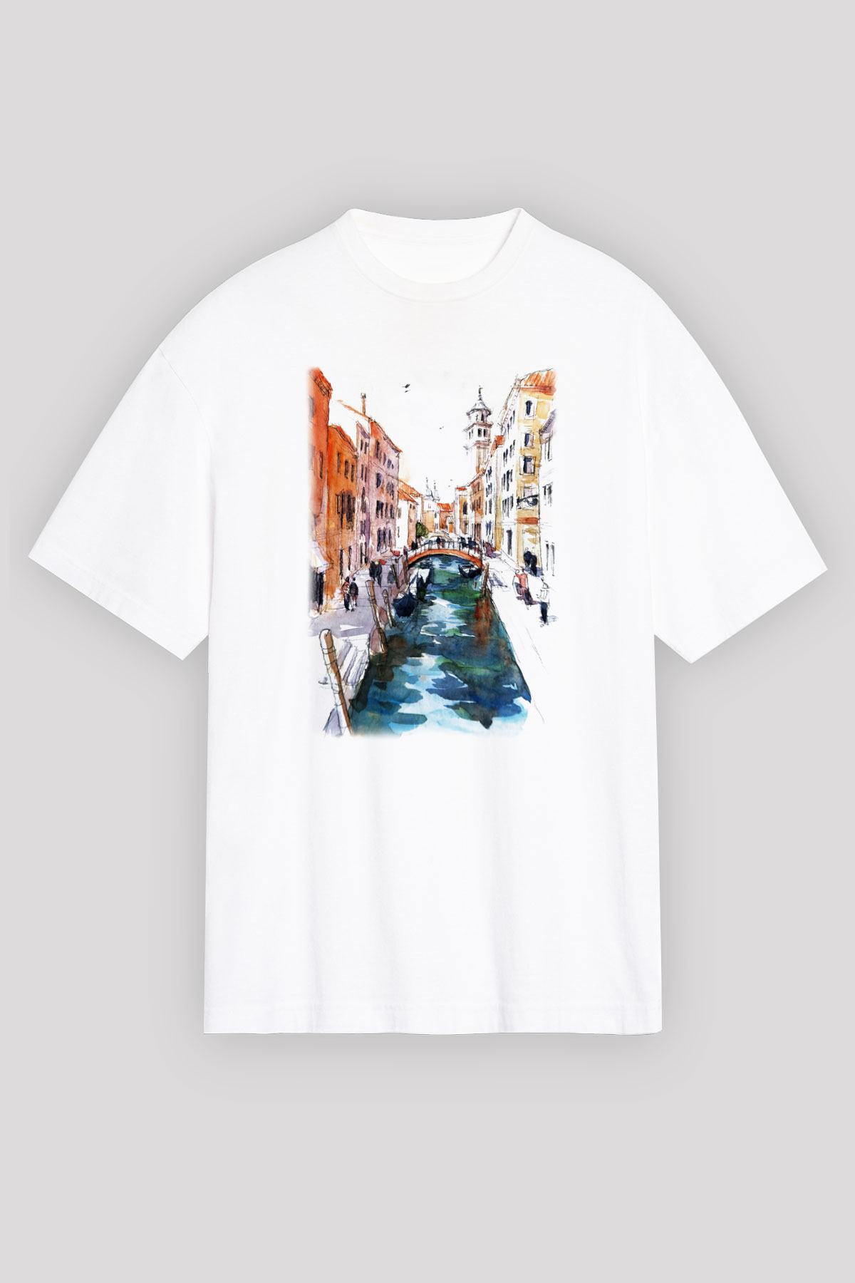 Venedik Kanal Beyaz Unisex Oversize Tişört T-Shirt