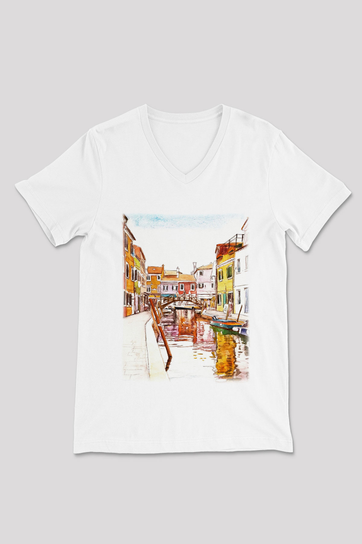Venedik Kanal Beyaz Unisex V Yaka Tişört T-Shirt